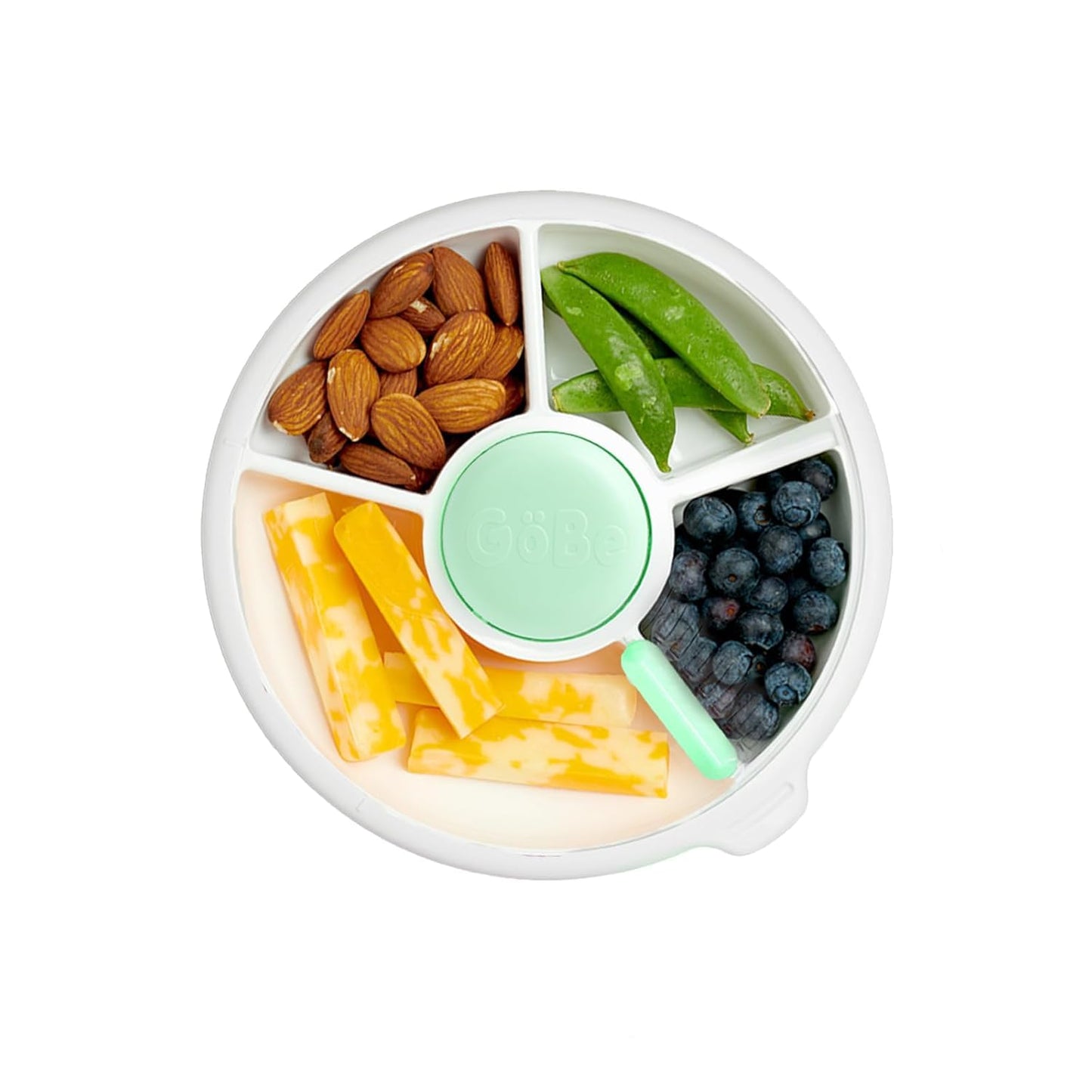 GoBe Paquete de Spinner de Aperitivos Pequeño para Niños con Correa de Mano y Hoja de Adhesivos - Envase Reutilizable para Aperitivos con Dispensador de 5 Compartimentos y Tapa | Libre de BPA/PVC |