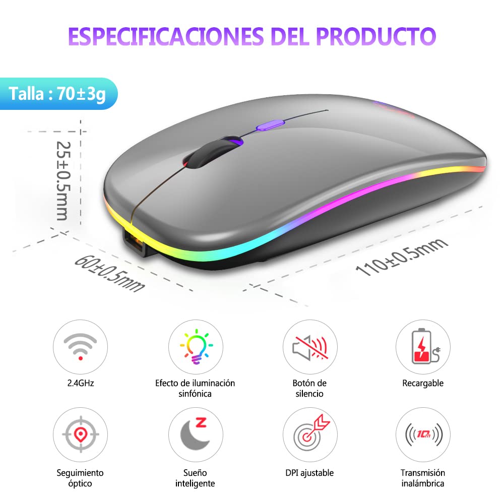 Free wolf X15 Mouse Inalámbrico, Wireless óptico Recargable 2.4 G Ergonómico Silencioso Click con Receptor USB 3(800/1200/1600) Ajustable dpi Ratón para Computadora,Portátil,PC,Mac (Gris)