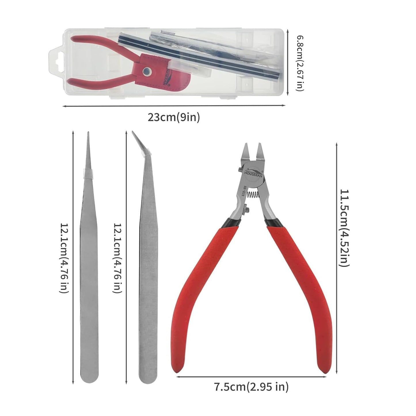 HOUSERAN Juego de Pinzas de Precisión 4.52" para Modelismo – Kit de Herramientas para Modelos de Plástico, Gundam y Miniaturas, 9 Piezas
