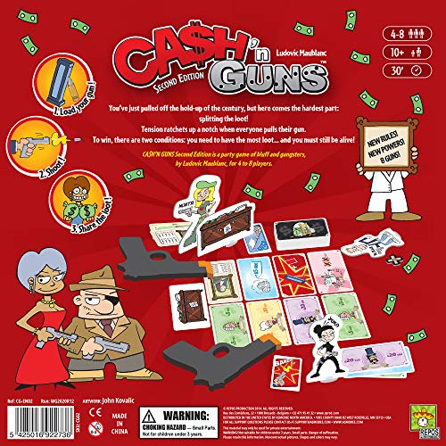 Cash 'N Guns Second Edition Party, juego de mesa de estrategia de robo de dinero, juego de gángster para adultos y niños, edades de 10 años en adelante, 4 a 8 jugadores, tiempo de juego promedio de 30 minutos, hecho por Repos Production