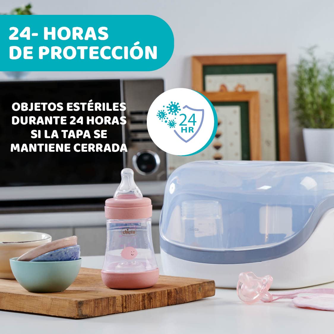 Chicco - Esterilizador para microondas de vapor, rápido y fácil de usar, hasta 6 Biberones, chupetes, tetinas y otros accesorios, color Gris