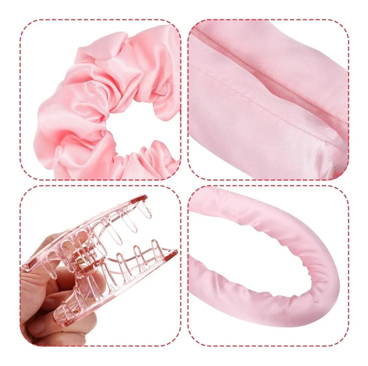 Rizador Pelo Sin Calor, Rulos Flexibles para Rizar Pelo Ondas, con Pinzas para el Cabello y Coletero, Kit de Herramientas de Peinado de Pelo de Seda Suave, Sin Daños, Sin Calor - Rosa