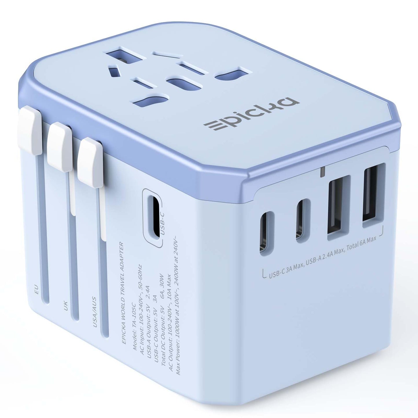 EPICKA - Adaptador Universal de Viaje, Adaptador de Enchufe Internacional con 3 Puertos USB-C y 2 Puertos USB-A, UE Reino Unido, AUS (TA-105C, Azul)