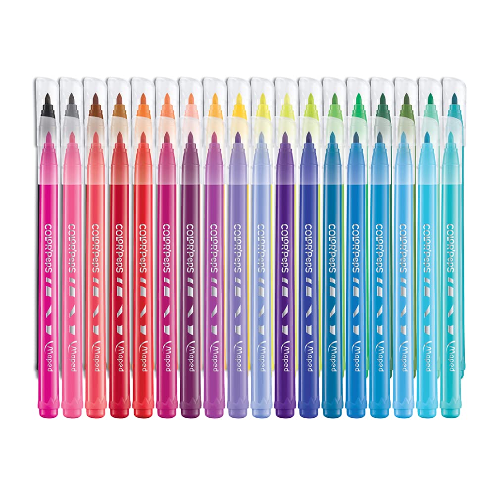 Maped - Plumones Ocean Color Peps - 36 rotuladores de tinta lavable para colorear - Punta mediana bloqueada suave - Bolsa de plástico de 36 colores