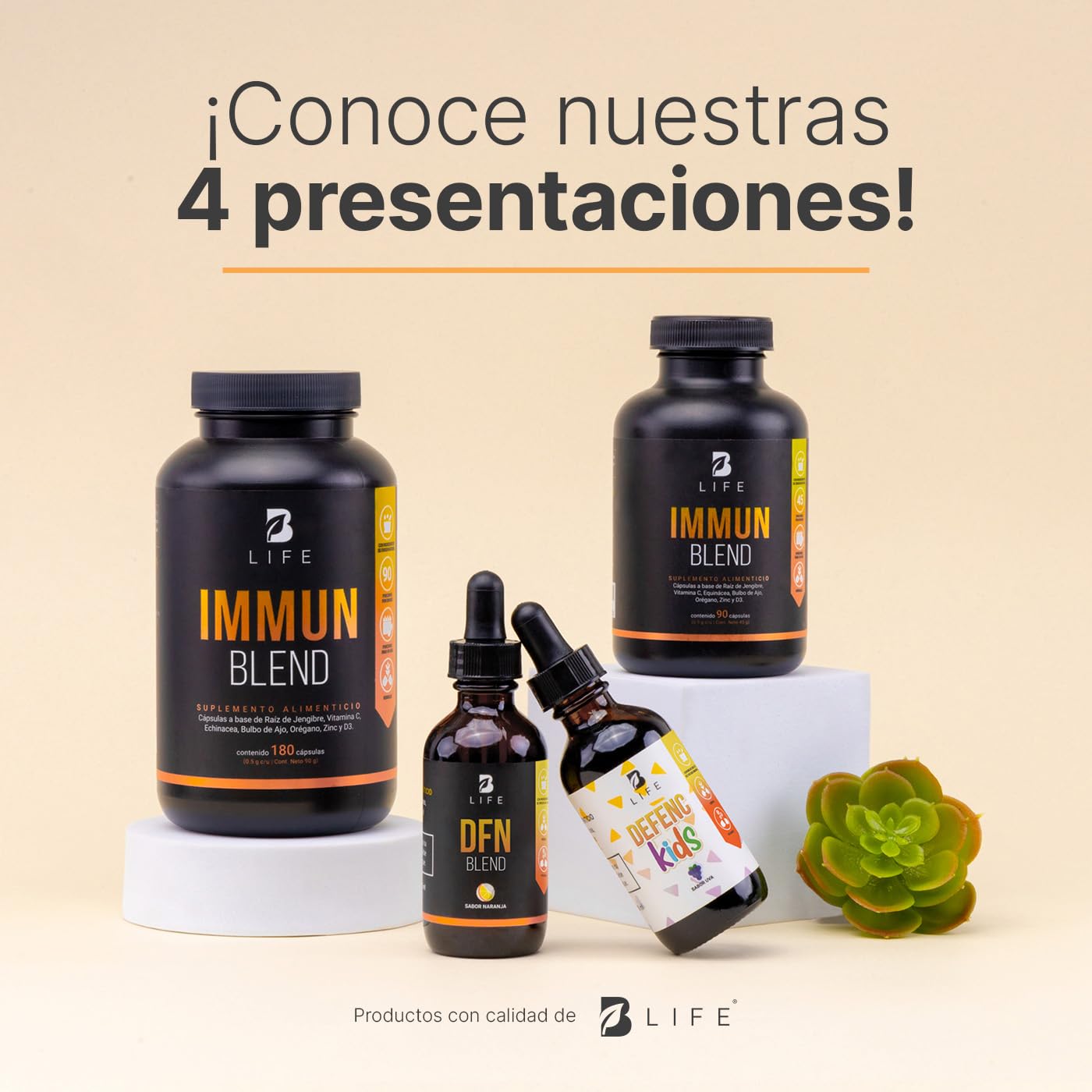 Immun Blend | 180 Cápsulas 1000 mg por porción | Jengibre, Vitamina C, D3, Zinc, Equinácea, Orégano y Ajo. Ingredientes naturales. Immun Blend B Life.