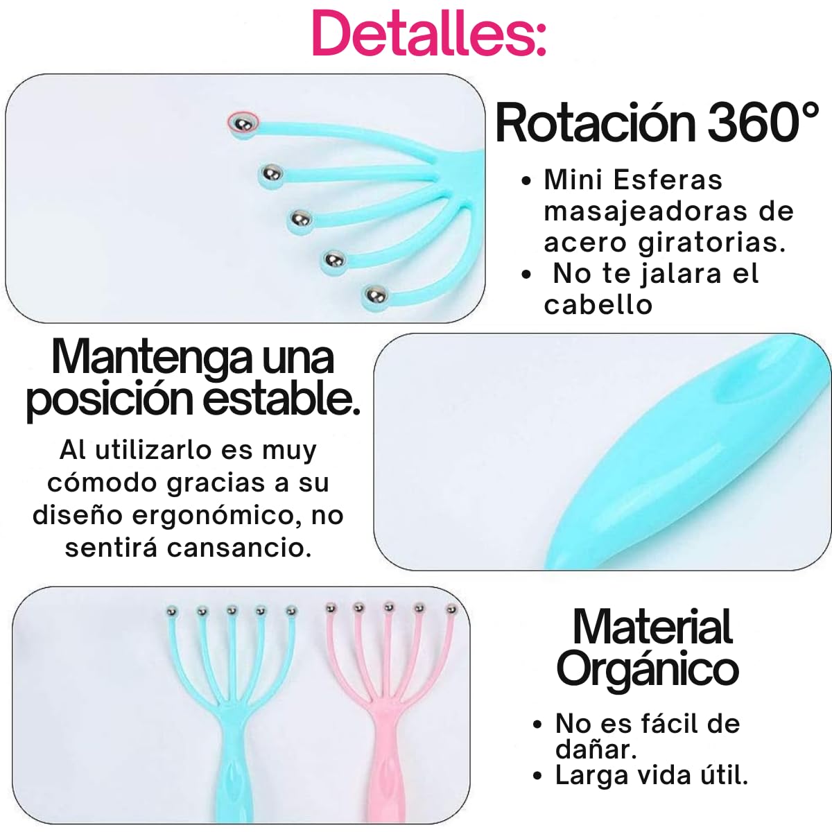Duo Masajeadores Cuero Cabelludo Esferas Giratorias Acero Inoxidable alta Calidad Masaje Capilar + Aceite Crecimiento Cabello Solucion Regenera Detiene Caida Cabello