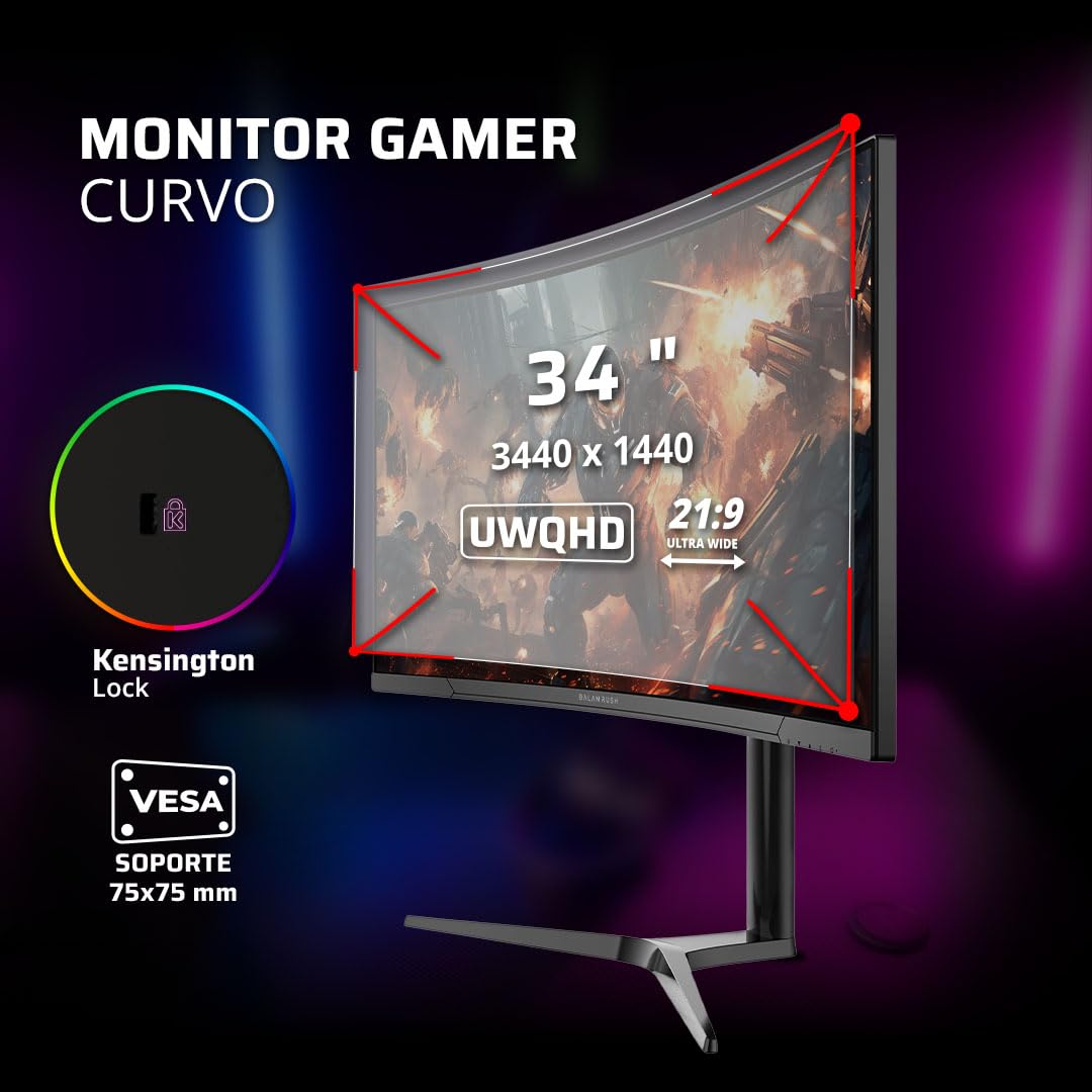 Balam Rush Monitor Gamer Curvo de 34" VA/Ultra Explorer MXT34P / 2K / 165 Hz / 1ms / Bocinas/Altura Ajustable/RGB/VESA 100 x 100, Negro