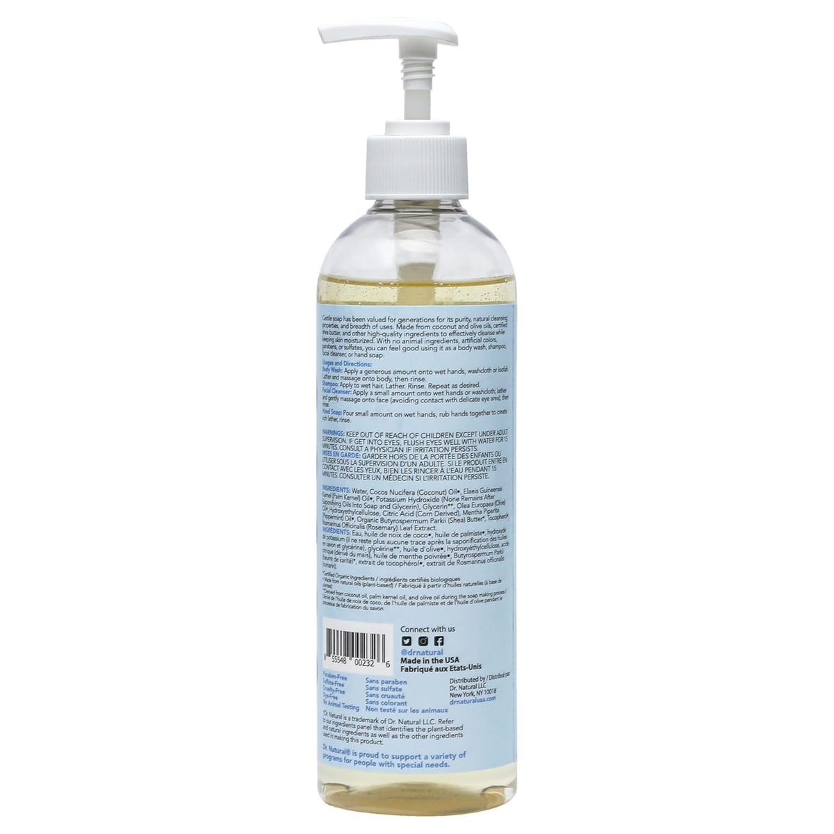 Dr. Natural Jabón de Castilla Líquido para Cuerpo | Natural, Orgánico, Sin Sulfatos y Parabenos | Shampoo y Jabon Facial | Hecho de Plantas, Aceite de Oliva, Coco y Palma, Manteca de Karité y Romero (Hierbabuena)