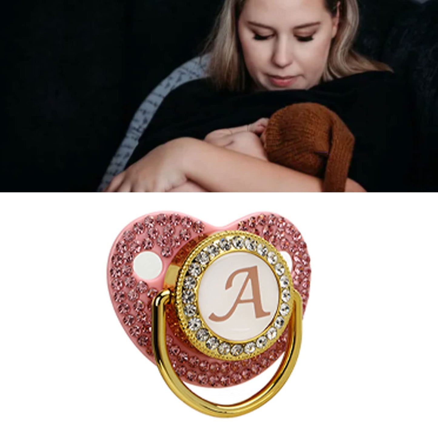 Chupete Dorado para bebé, Chupete Personalizado y Juego de Clips para Chupete, Chupete con Letras A-Z 26 Chupete de Silicona para Recién Nacido, para bebé de 6 a 18 Meses