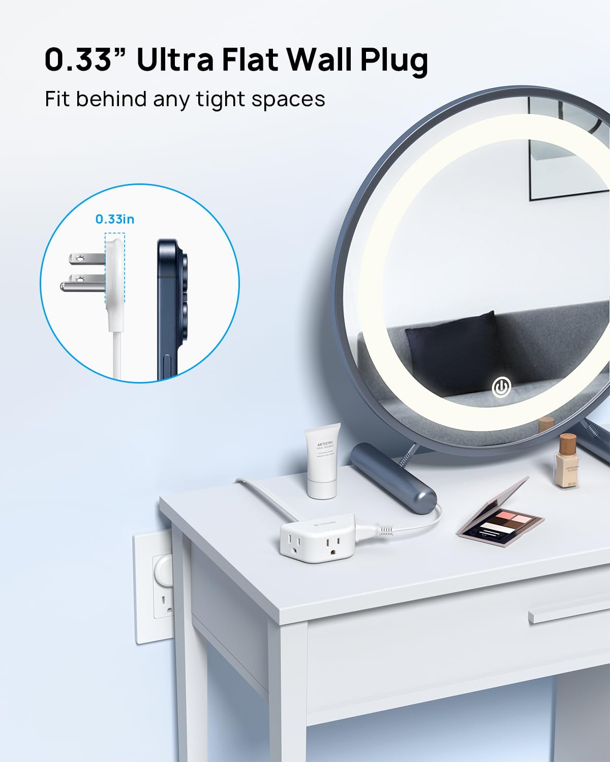 TROND Cable de extensión Plano Corto de 0,5m, regleta de Enchufe Plano de 3 Clavijas con conexión a Tierra y 3 Salidas, 1625 W, Cable de alimentación 13A Calibre 16 para Travel Cruise Essentials