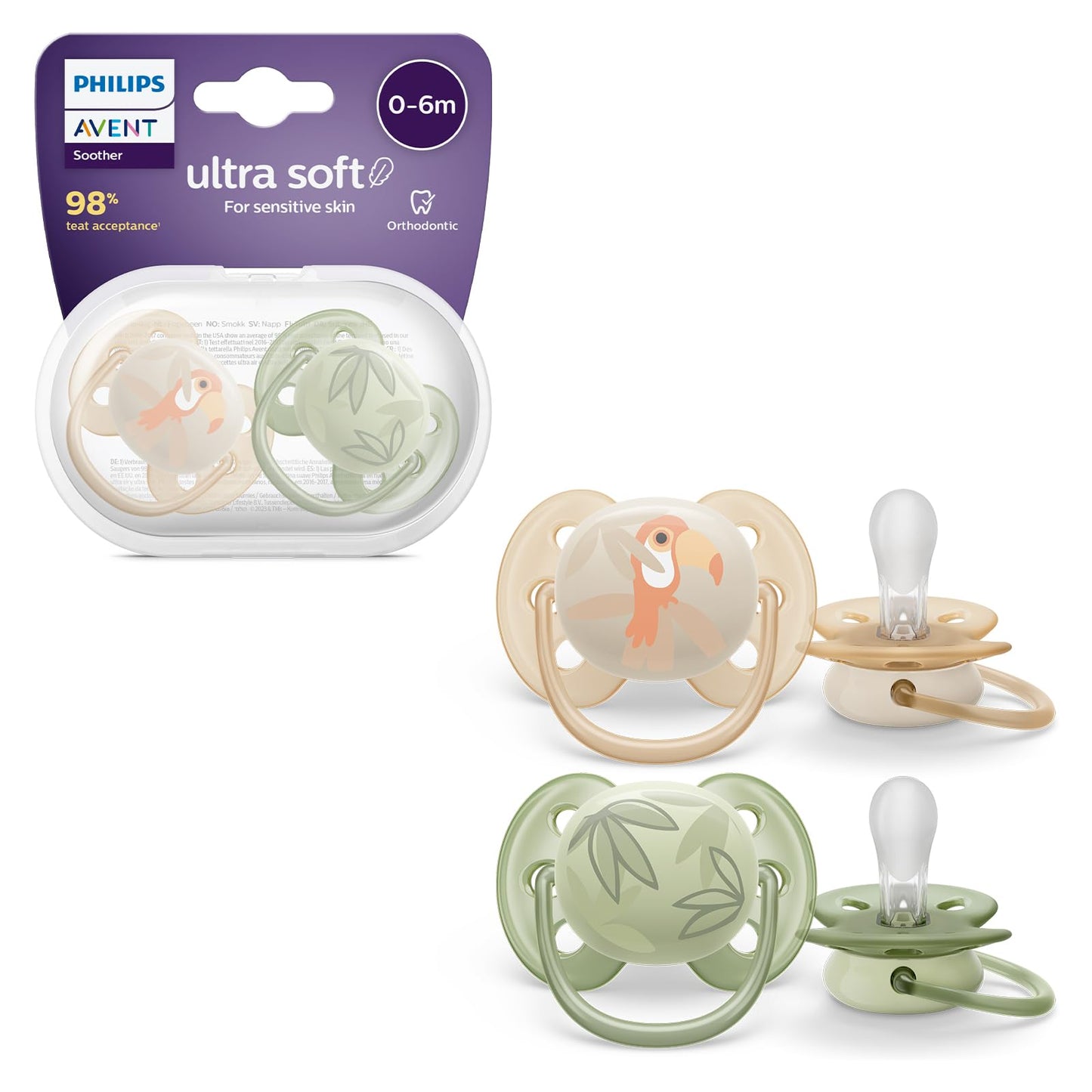 Chupón Ultra Soft Philips Avent Tropical Naranja Verde Ortodóntico con Caja Esterilizadora 0-6 m 2 pzs