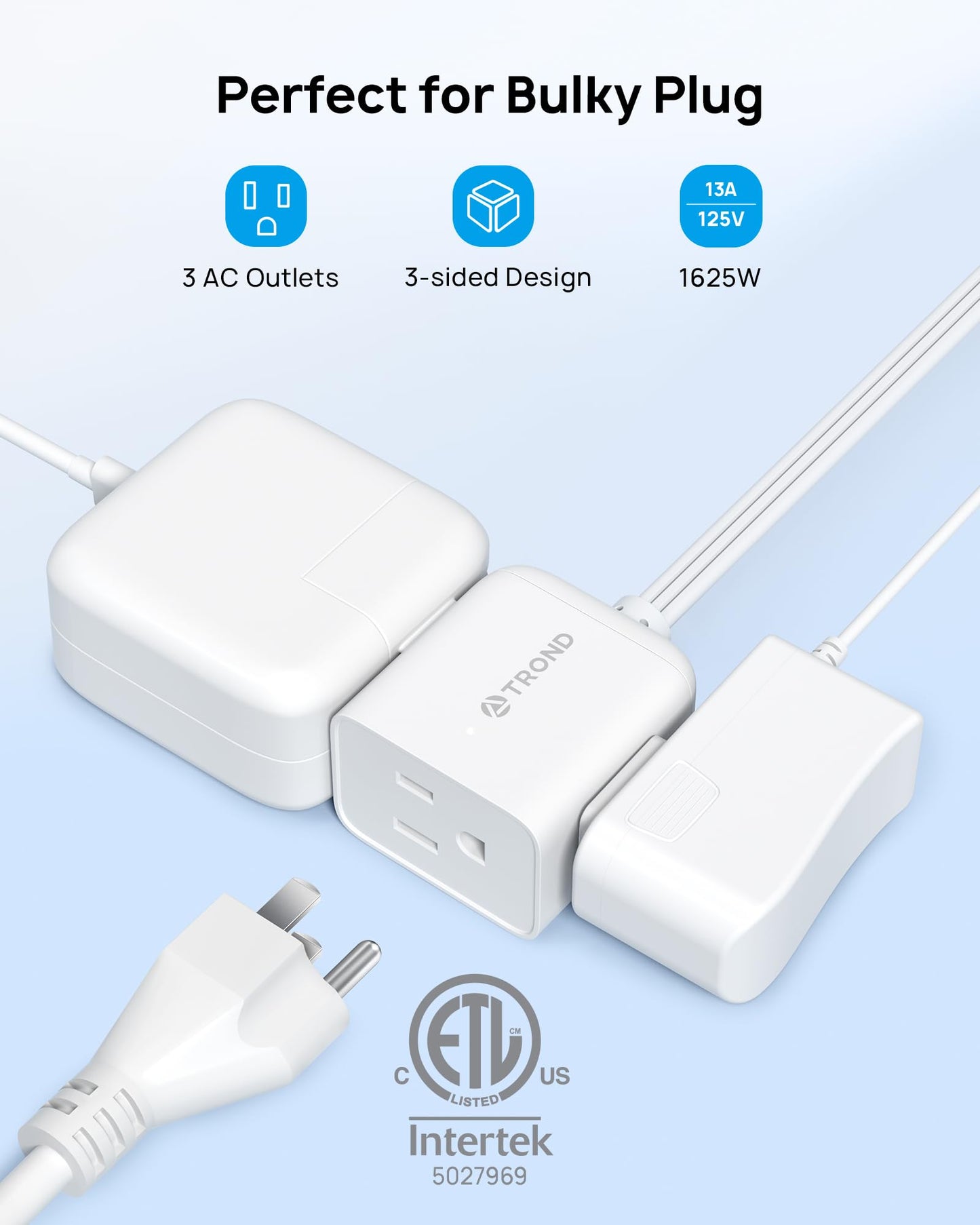 TROND Cable de Extensión 6 Pies - Enchufe Giratorio 360°, Tomas de 3 Puntas con Tierra, 13A, Cable SPT 16/3 AWG, Ideal para Hogar, Oficina, Cruceros y Viajes, Blanco.