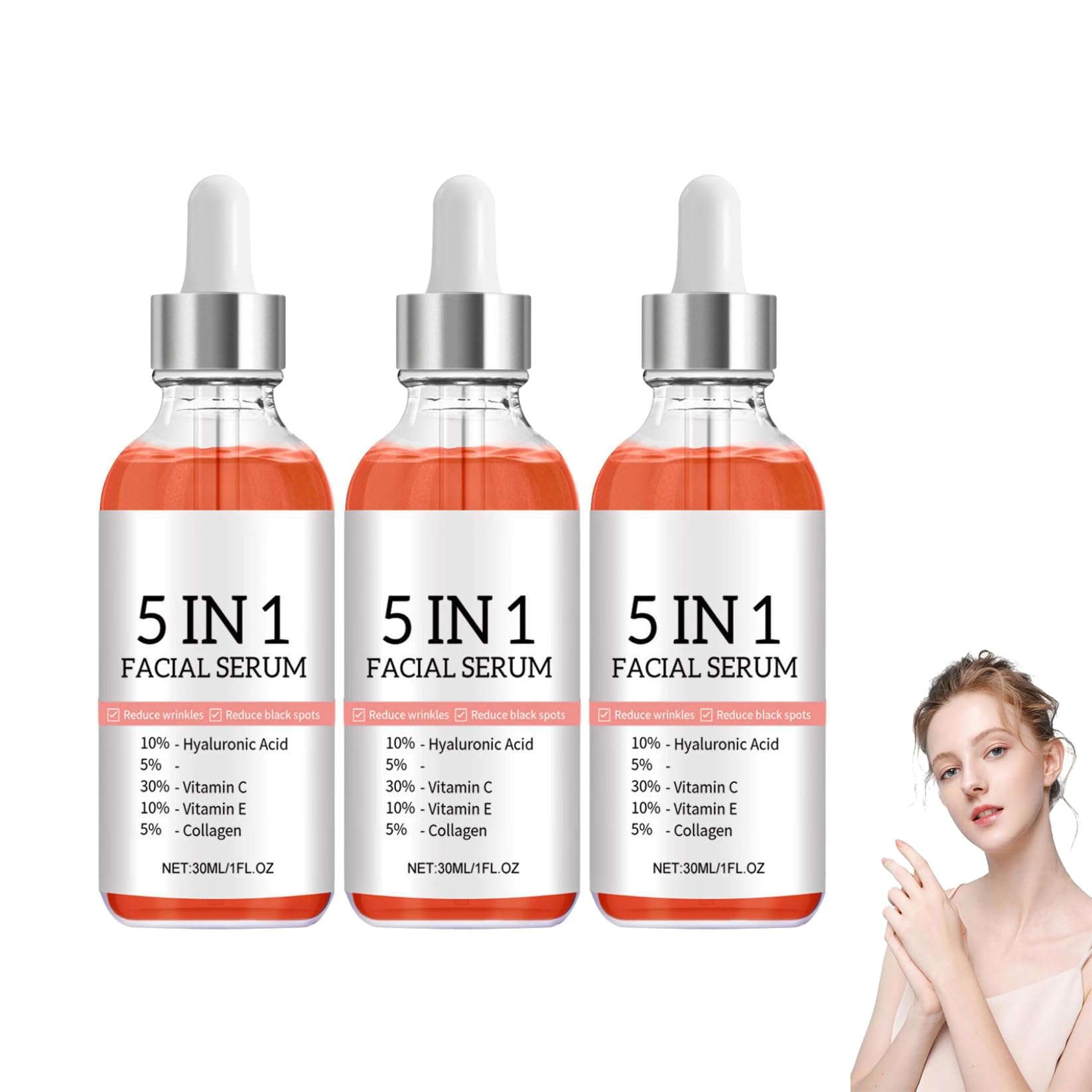 Suero Facial 5 en 1 Antimanchas y Antienvejecimiento con Vitamina C y Ácido Hialurónico - 3 Piezas - Para Todo Tipo de Piel - Serum Facial Mujer - Tratamiento Facial Completo