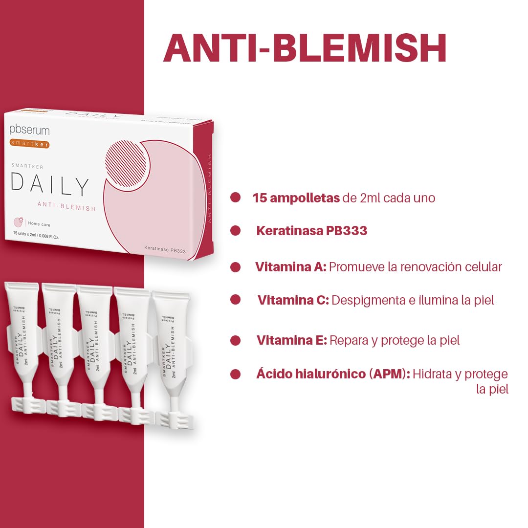 PBSerum Smartker Daily Anti-Blemish 15 unidades de 2ml c/u - Solución Para la Suavidad de la Piel y Rejuvenecimiento