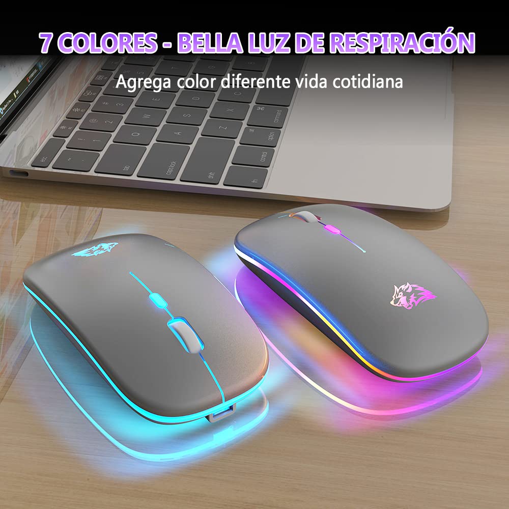 Free wolf X15 Mouse Inalámbrico, Mouse Bluetooth y 2.4GHz Modos Dual Recargable y Ergonómico, Click Silencioso con Receptor USB 3 Ajustable dpi Ratón para Computadora, Portátil, PC, Mac (Plata)