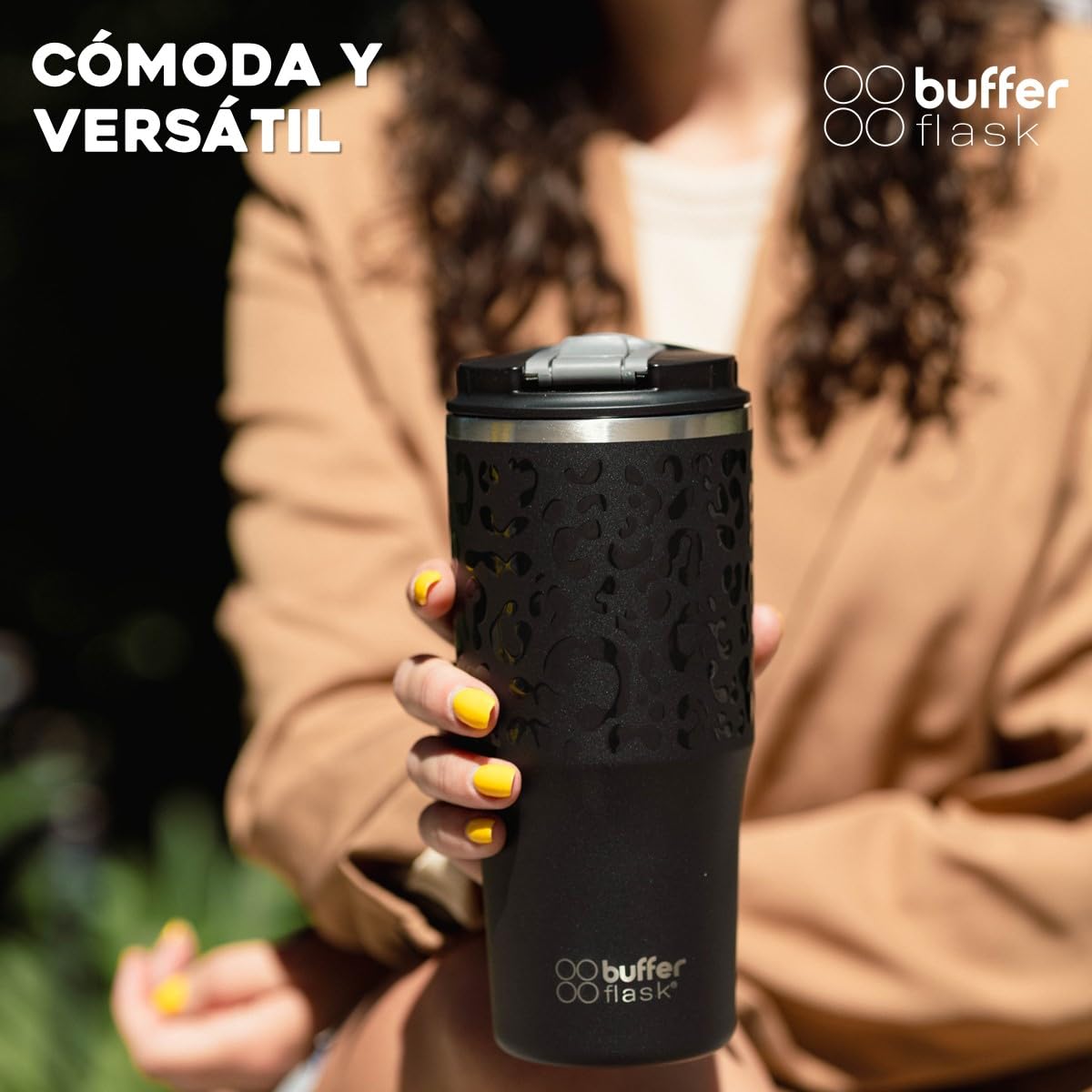 Buffer Flask - Vaso Térmico 700 ml - Termo para Café y Agua de Acero Inoxidable - Tapa Anti Derrame y Fugas - Taza Tumbler Mug para Bebidas Frías y Calientes - Incluye Popote - Color Leopardo Negro