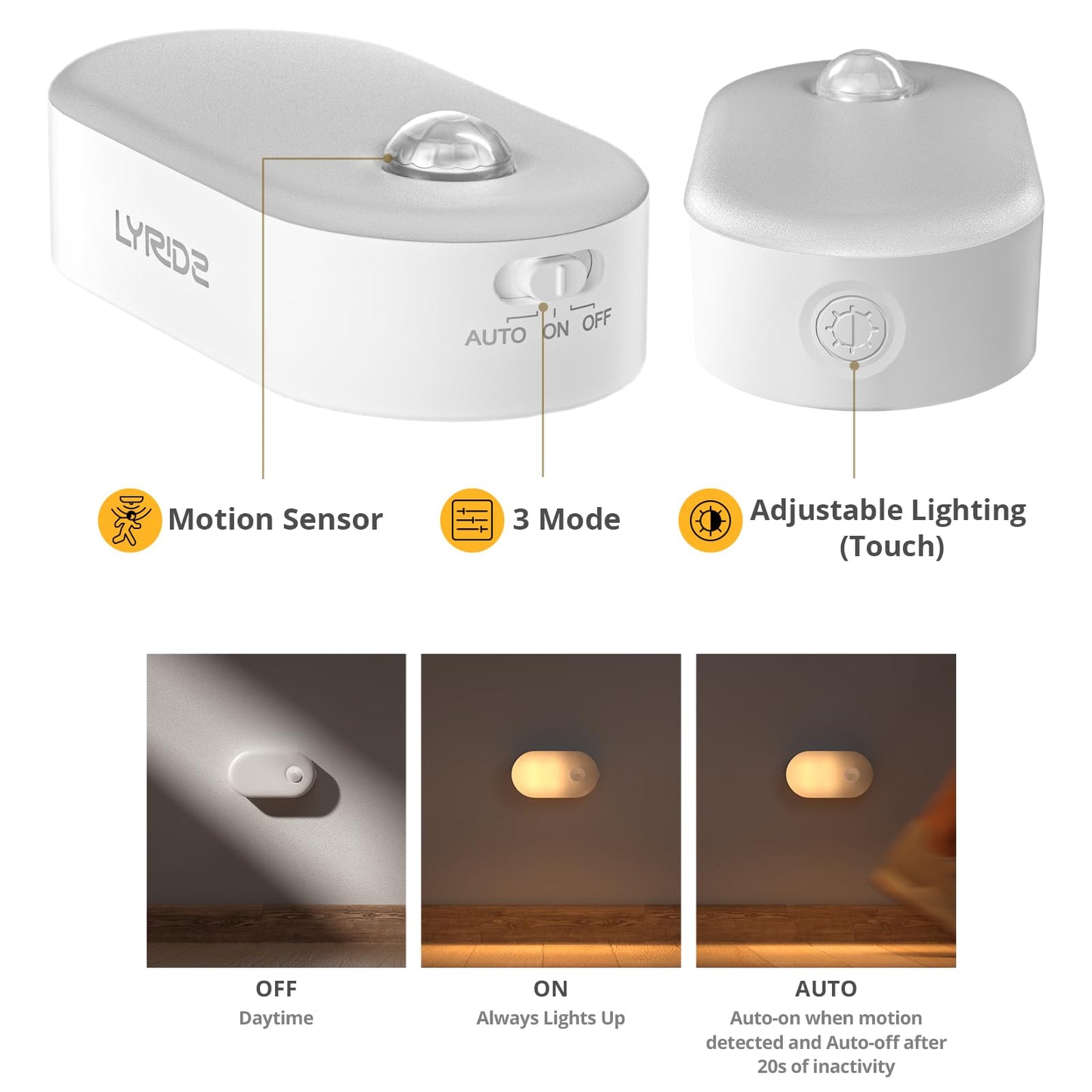Lyridz - Luz nocturna recargable con sensor de movimiento, mini luz LED blanca cálida para clóset, brillo ajustable para baño, recámara, cocina, clóset, escaleras, pasillo, paquete de 2