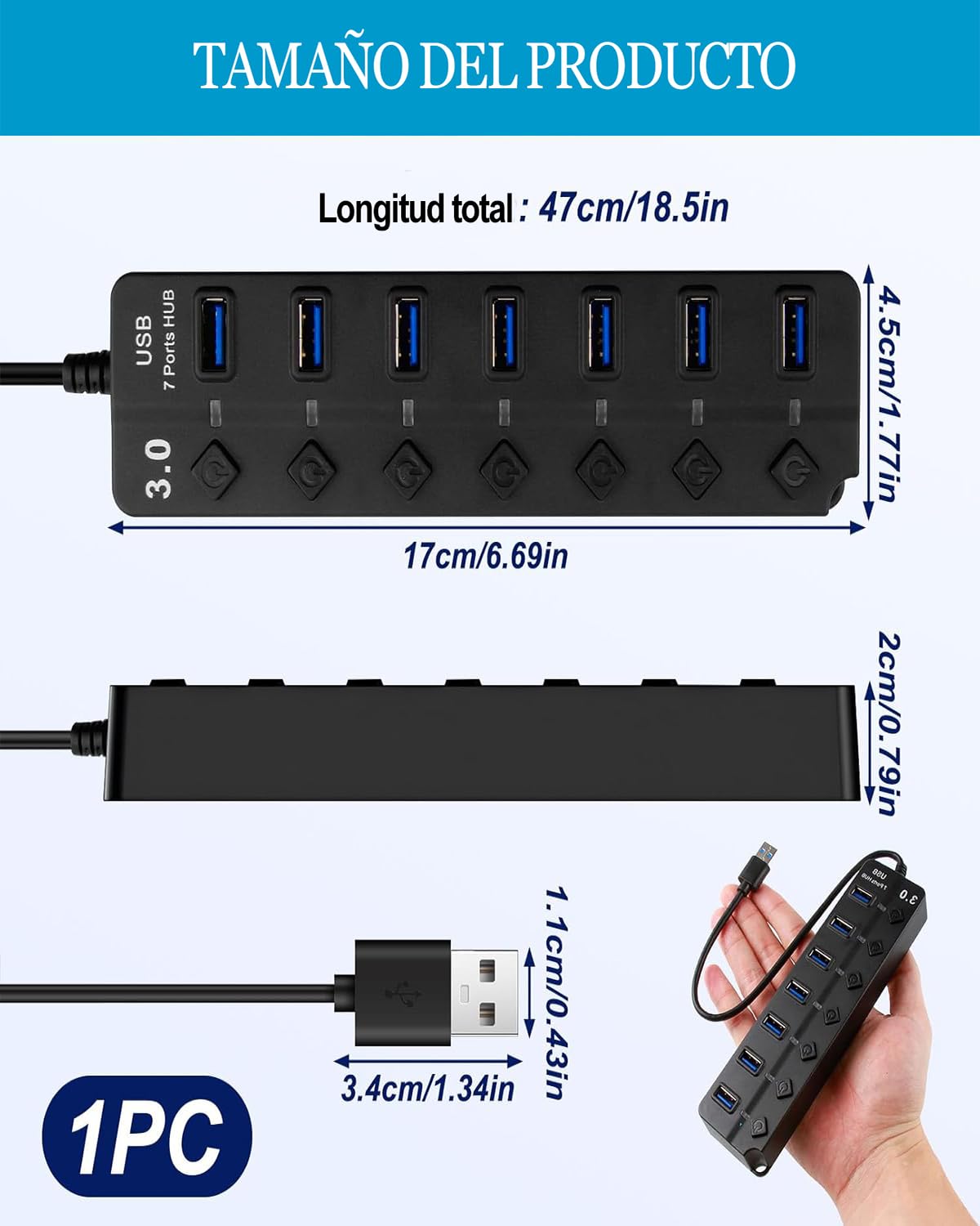 Hub USB 3.0, Multicontacto USB Splitter de 7 Puertos Independientes con LED e Interruptores, Conector Múltiple USB 3.0 5Gbps Adaptador de Aluminio 12V/2A para PC, Portátil, MacBook Pro/Air y Más