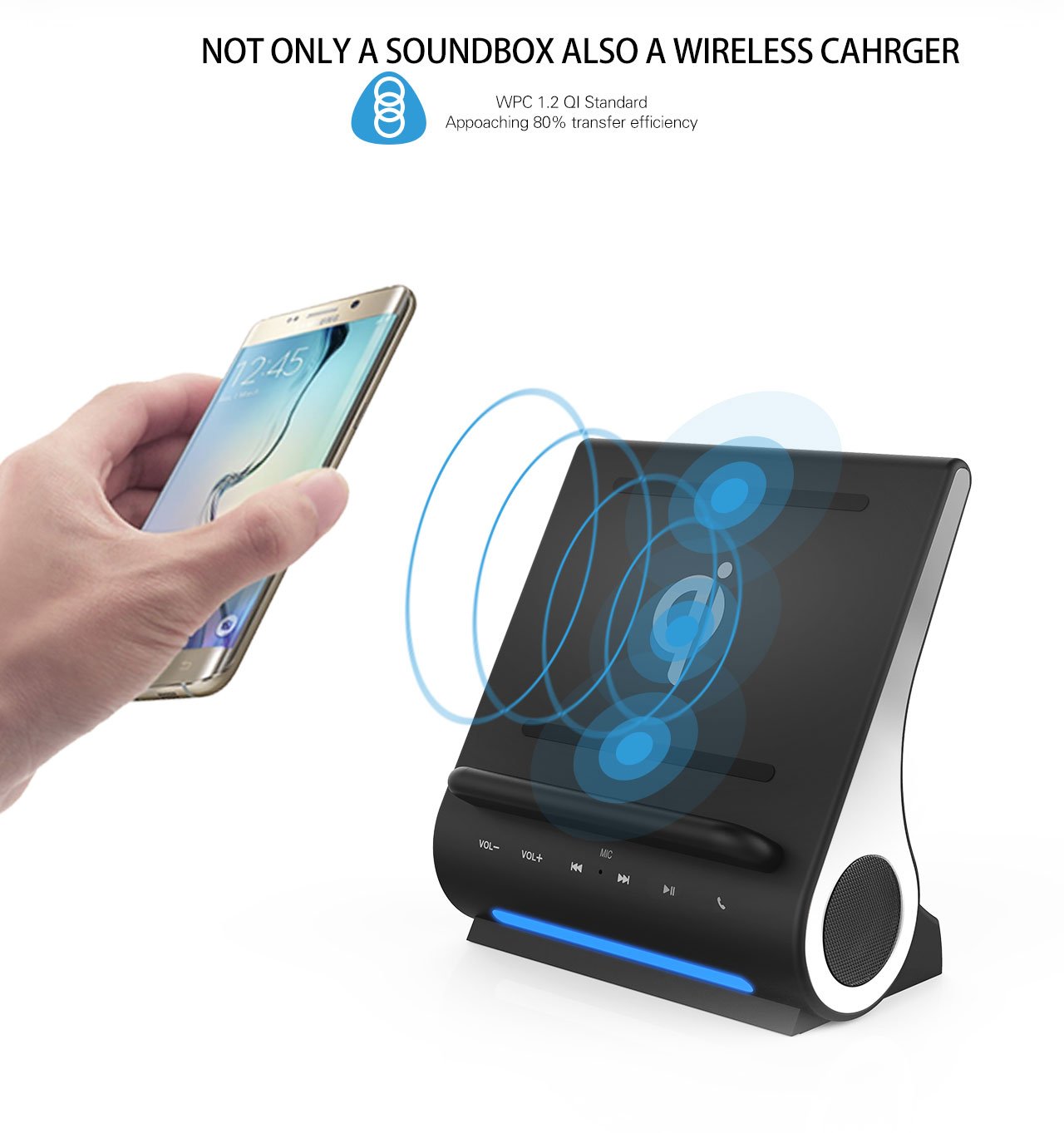 Azpen Dockall D100 - Qi Wireless Charger, Bluetooth Premium Speakers, Docking Station with Built in Mic Handsfree Call, 3 in 1 Station for iPhone and Samsung Phone