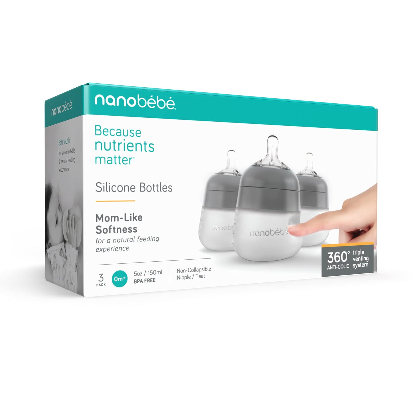 NANOBÉBÉ Biberón De Silicona Nanobebe Flexy, Anticólicos, Tacto Natural, Tetina Antivuelco, Base Estable Antivuelco, Fácil De Limpiar (Paquete De 3), Gris, 147 G