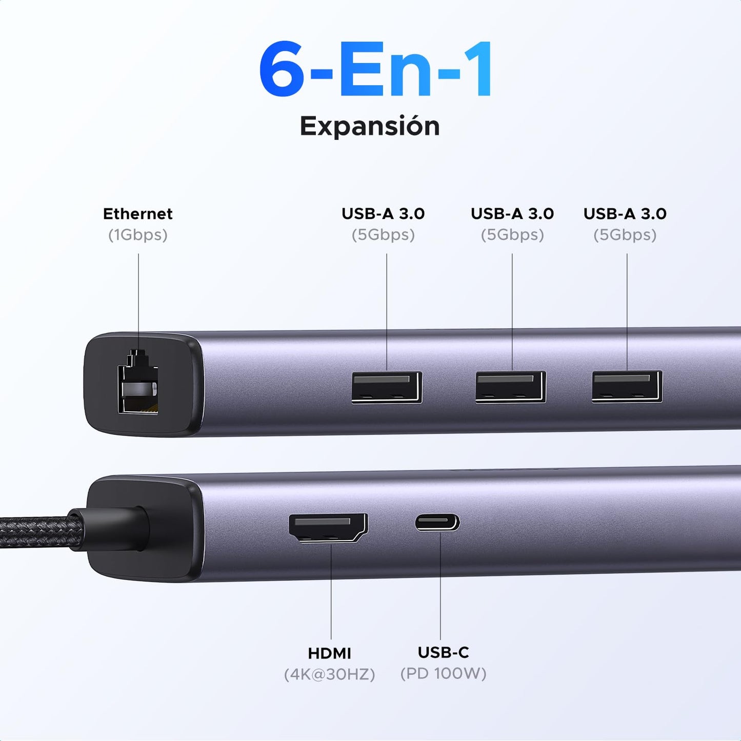 UGREEN Hub USB C, 6 en 1 Adaptador Tipo C con 4K HDMI, Gigabit Ethernet, 3 USB A 3.0 Puertos de 5 Gbps, Carga 100W Compatible con MacBook, iPad Pro, DELL, HP, Surface, Chromebook, Mac Mini