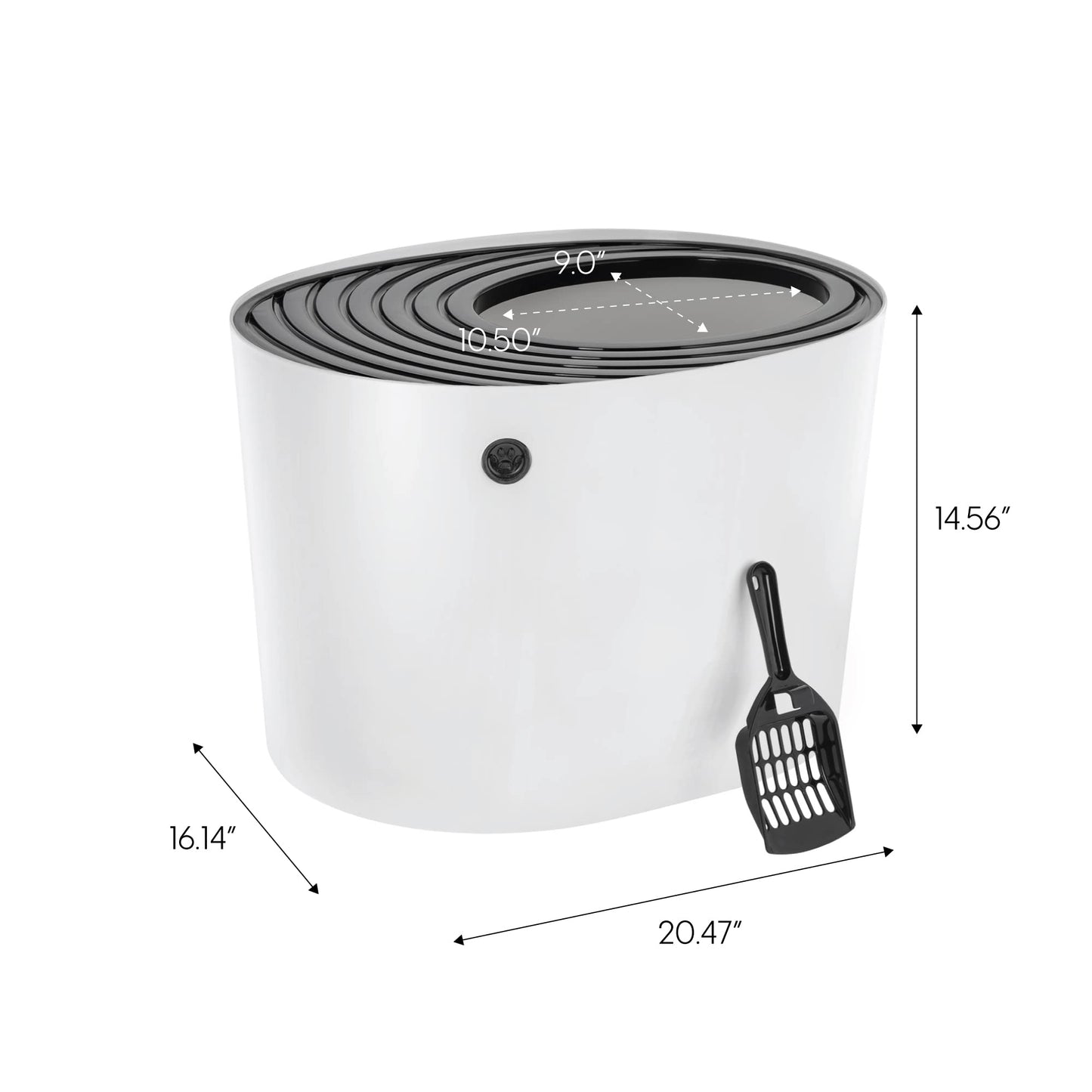 IRIS USA Bandeja de Arena para Gatos de Entrada Superior Redonda y Elegante con Pala, diseño Curvo con Cubierta y surcos para atrapar partículas de Arena y Paredes para privacidad, Blanco/Negro