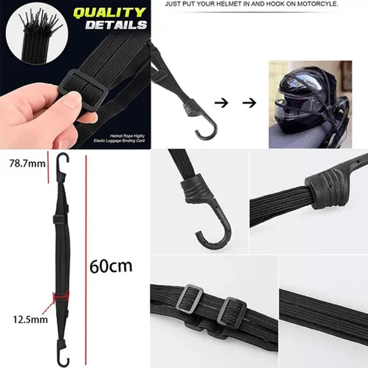lozafot Redes Malla Moto Sujetar Casco Portabulto Cuerda Gancho,Cuerda para Sujetar Equipaje En Moto, 4 Piezas Cuerdas elásticas elásticas + Gancho pequeño