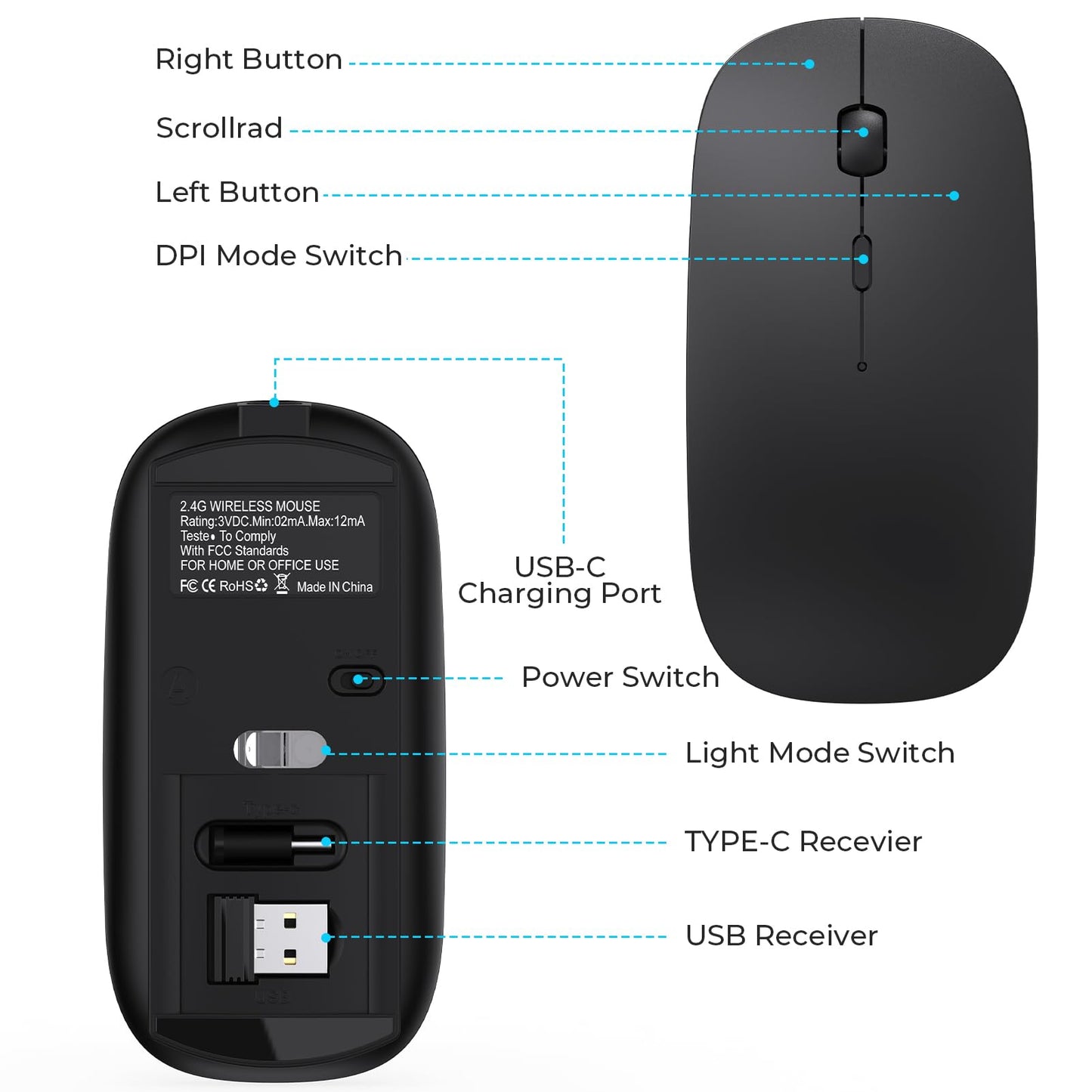 cimetech Ratón inalámbrico Receptor USB A y Tipo C, Clic silencioso, Recargable Tipo C, Revestimiento de Goma Suave al Tacto, ratón de Viaje Delgado para Ordenador portátil MacBook Air/Pro -Negro