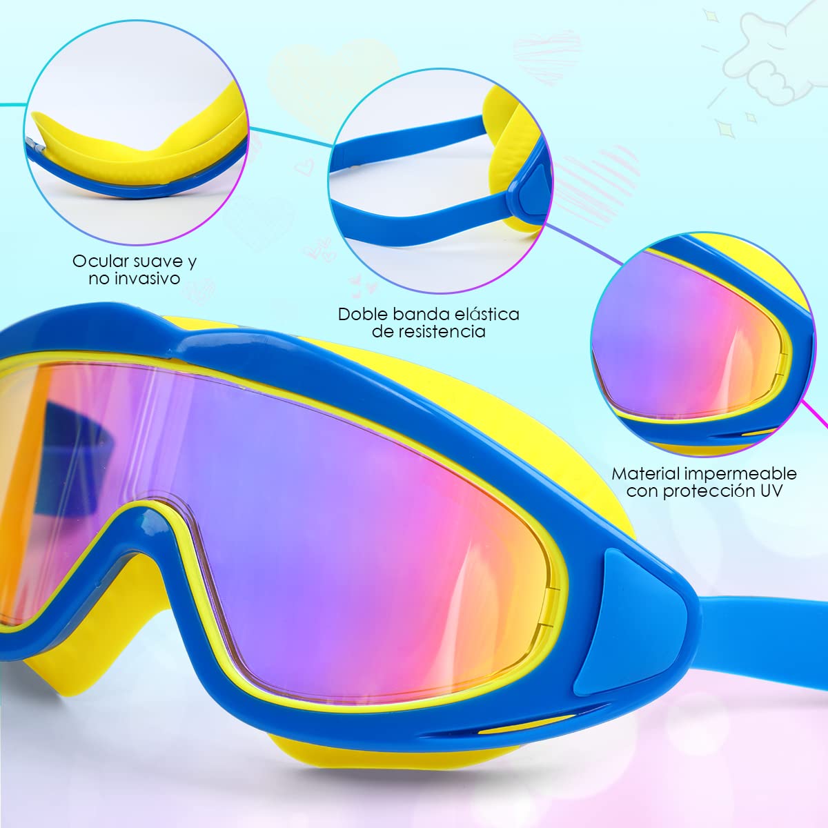 Gafas de Natación para Niños, Goggles para Niños, Gafas de Natación Antivaho y Antifugas, Anteojos de Natación Ajustables de Silicona, Protección UV, Adecuado para Niños y Niñas de 3 a 16 años