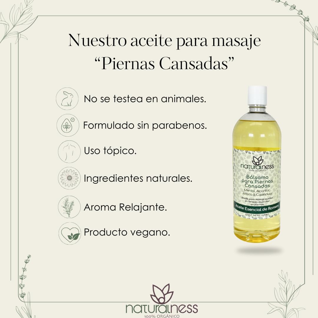 Aceite para Masaje Naturalness 1 Litro Bálsamo Profesional Romero árnica Mentol Alcanfor para Piernas Cansadas