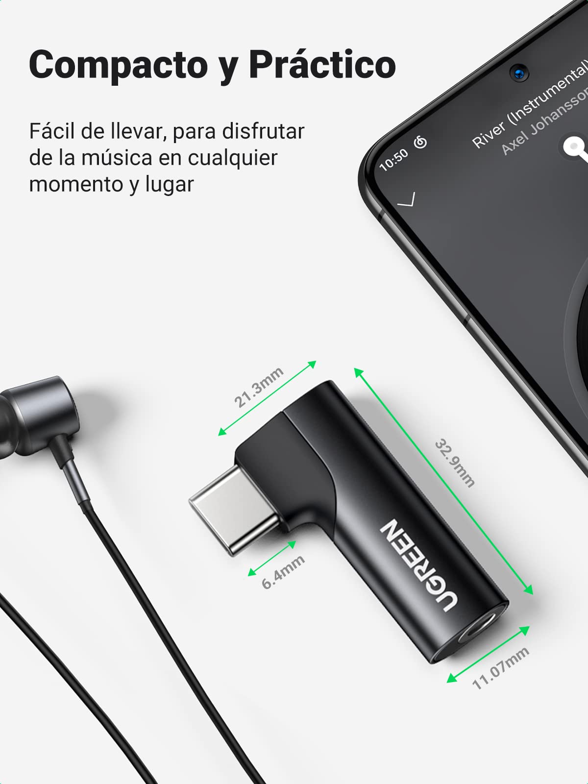 Adaptador USB C a Jack 3.5mm UGREEN Negro con DAC Chip para Auriculares