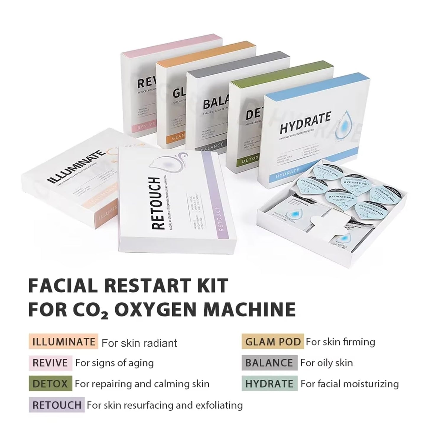YMEYFAN- Contiene 7 tipos de cajas de esencias: Illuminate, Glam, Revive, Balance, Hydrate, Detox, Retouch. Cada caja tiene diferentes efectos. Beneficiosa para todo tipo de piel.