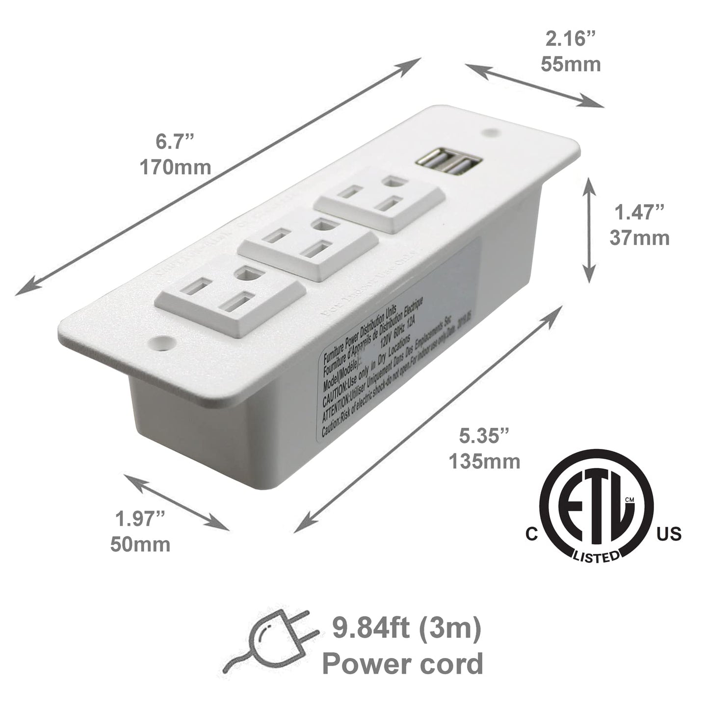 Regleta Tira de Energía Empotrado Oculto Montado 3 Tomas de Tierra Salida 2 USB con Interruptor 3 Metros de Cable de Alimentación para Escritorio Mesa de Conferencias Gabinete Sofá (3AC&2USB White)