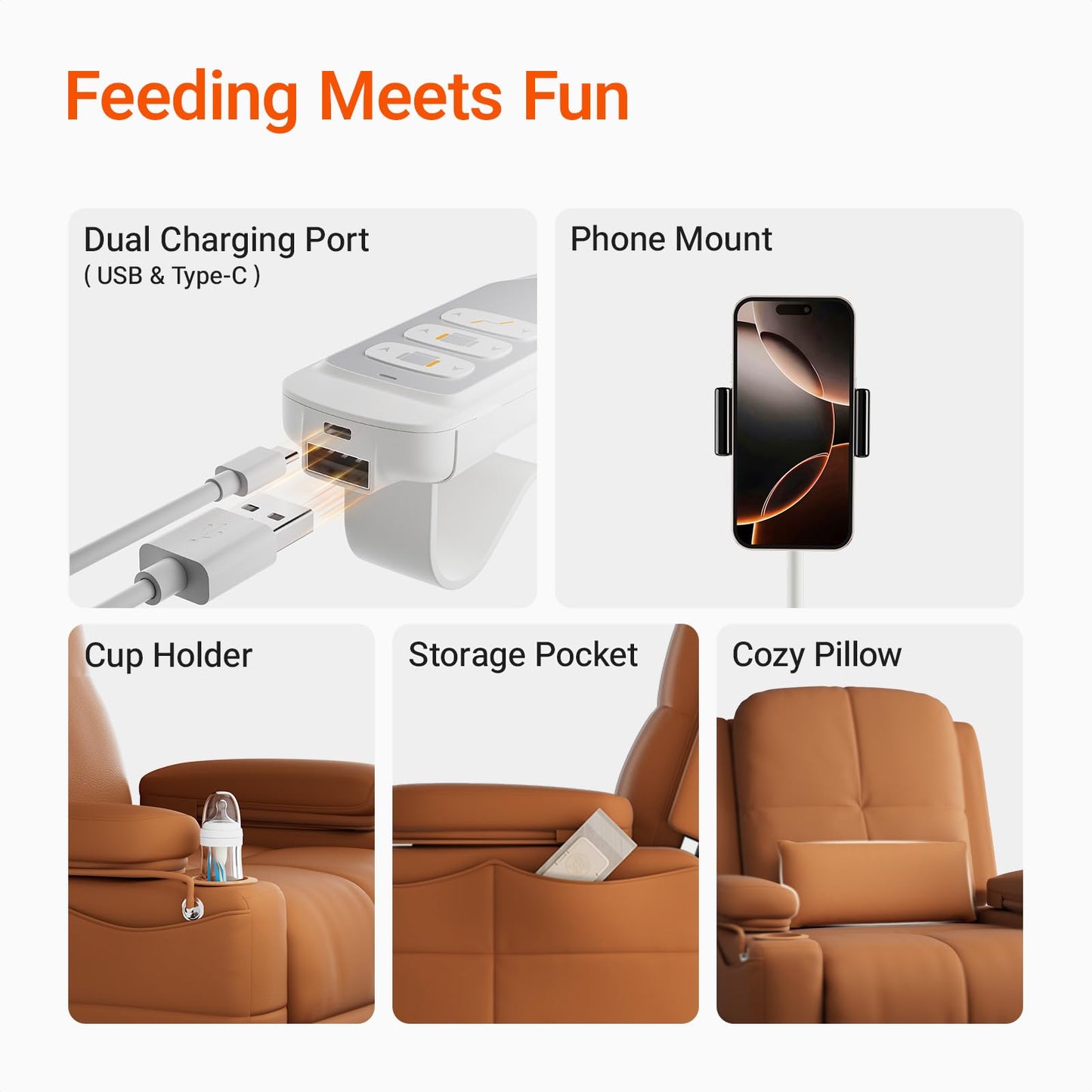 MAMAZING - Silla mecedora para guardería con reposabrazos ajustables, silla reclinable con planeador eléctrico para lactancia, silla reclinable giratoria con puerto USB y almacenamiento, certificado