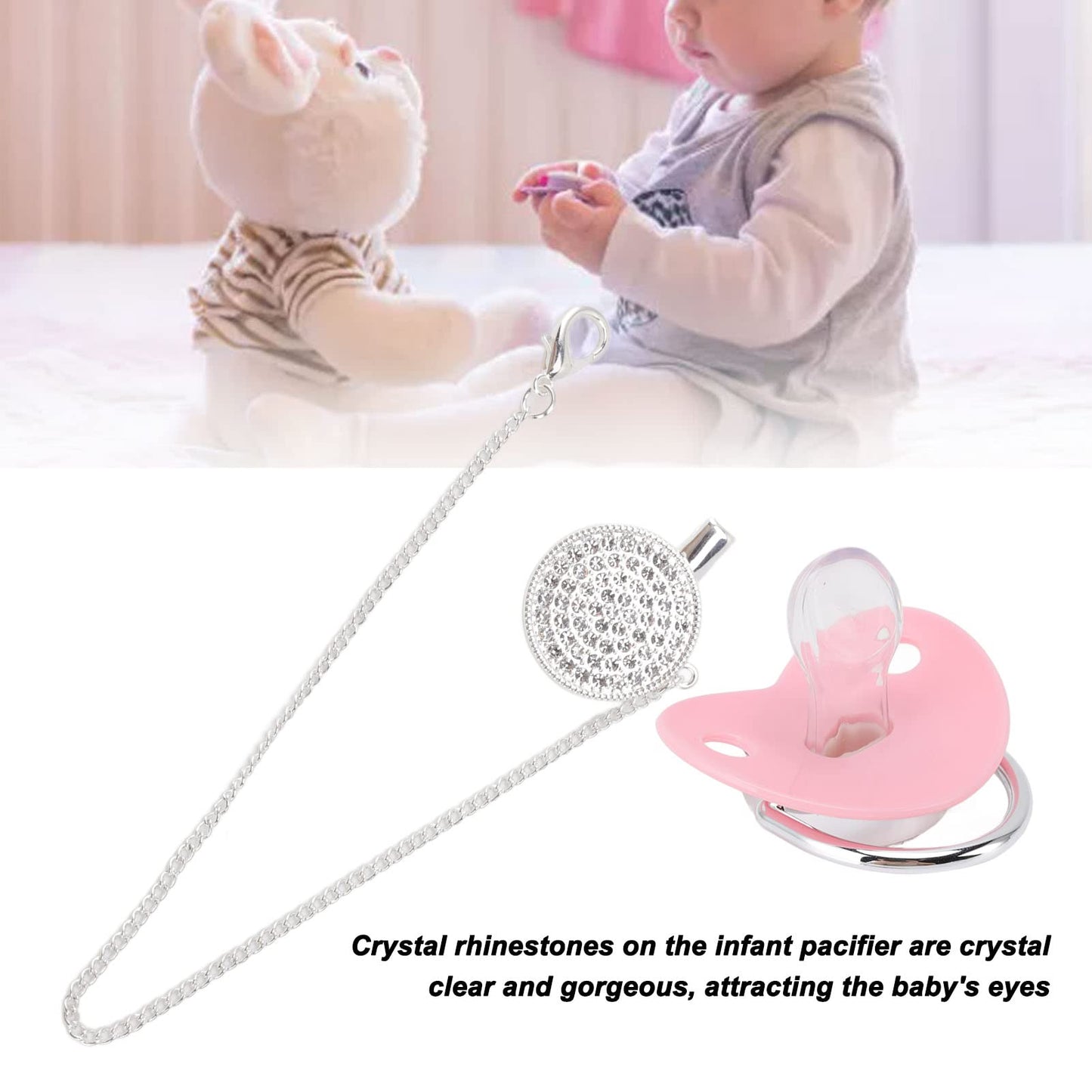 Chupete de Lujo con de Diamantes de Imitación para bebé con Silicona Súper Suave, Clip de Cadena para Bebés de 6 a 18 Meses (Rosa)