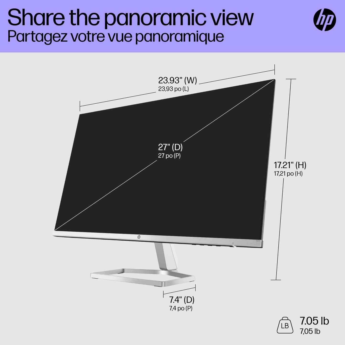 HP Monitor HP M27f Full HD, IPS, 1920 x 1080, 75 Hz, 5ms GtG, 27", FreeSync, Antirreflejante, Luz Azul Baja, Ultra Delgado, Micro Bordes, Ajustable, VGA, HDMI, Plata/Negro (2G3D3AA)