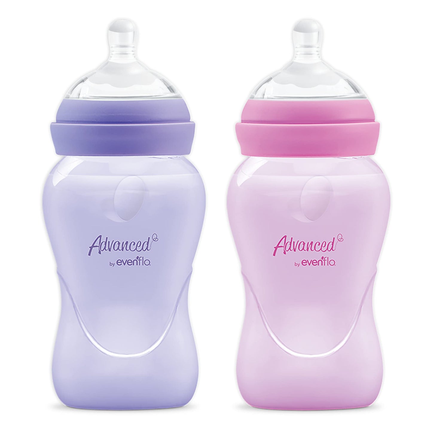 Advanced by Evenflo, Biberón Anticólicos Cuello Ancho, Niña, Color Rosa y Lila, Flujo Medio, 9oz/270ml, 2 piezas, MEX.