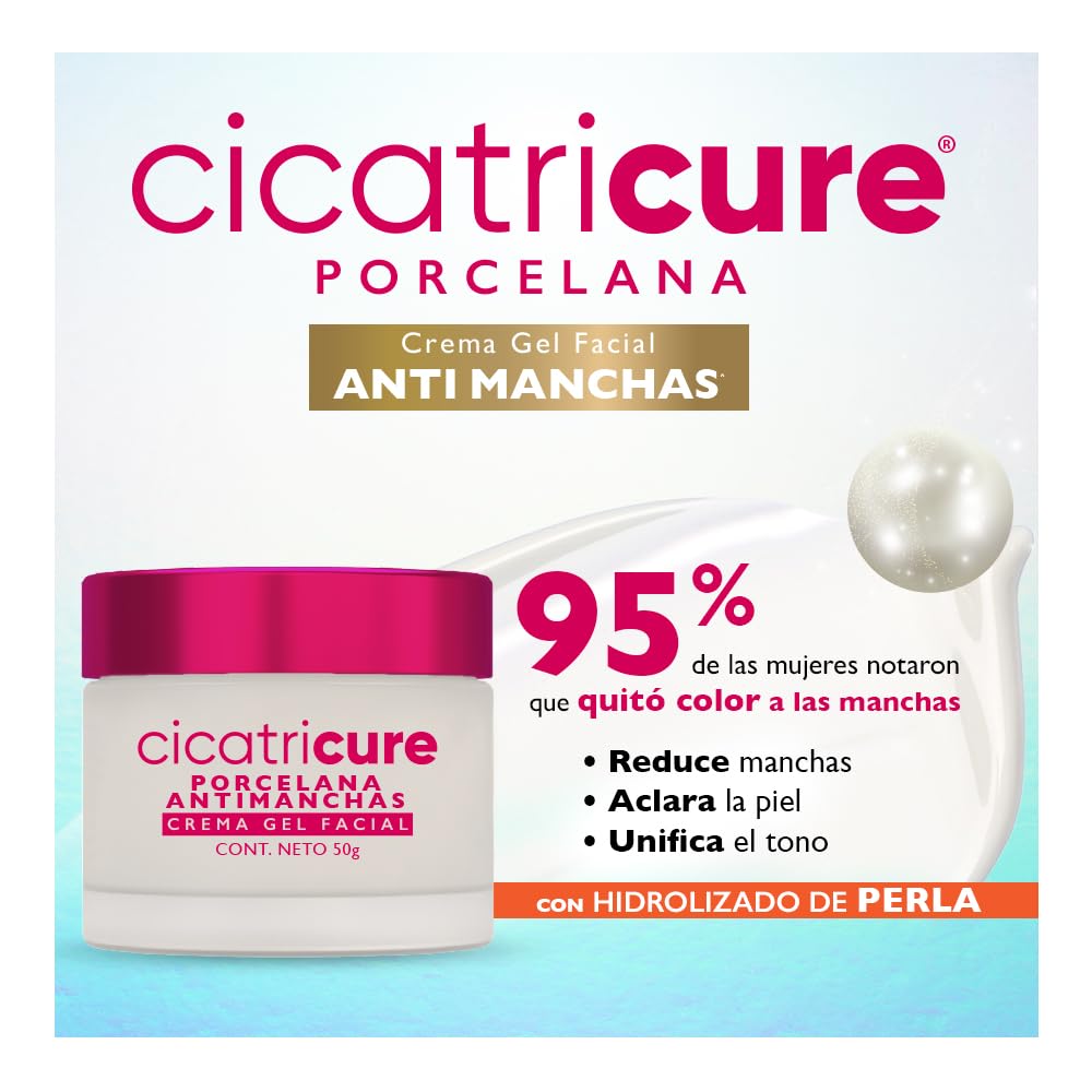 CICATRICURE - Porcelana Crema Gel Facial Anti-machas. Con Hidrolizado de perla, reduce manchas, aclara la piel y unifica el tono. Uso para rostro y cuello, presentación de 50g