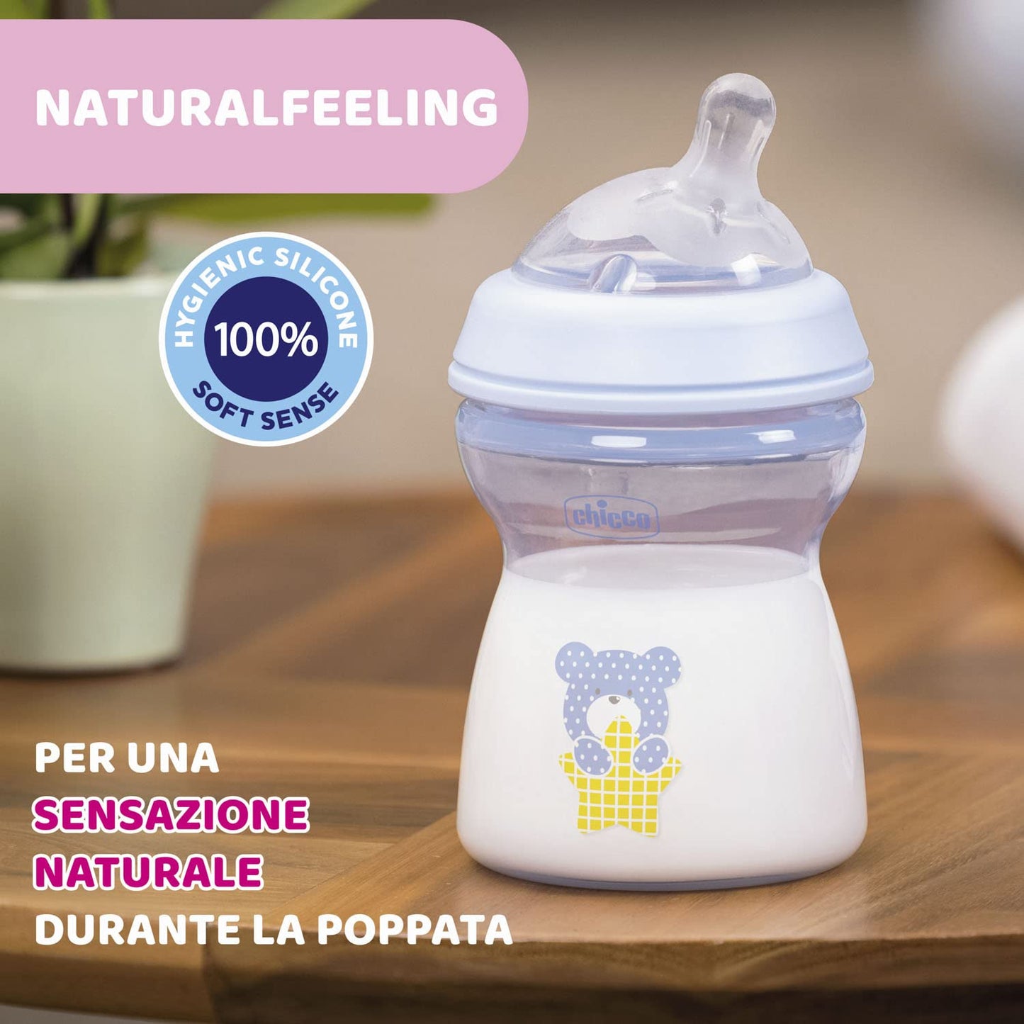 Chicco biberón Natural Feeling 250 ml azul para bebés, 1 Unidad
