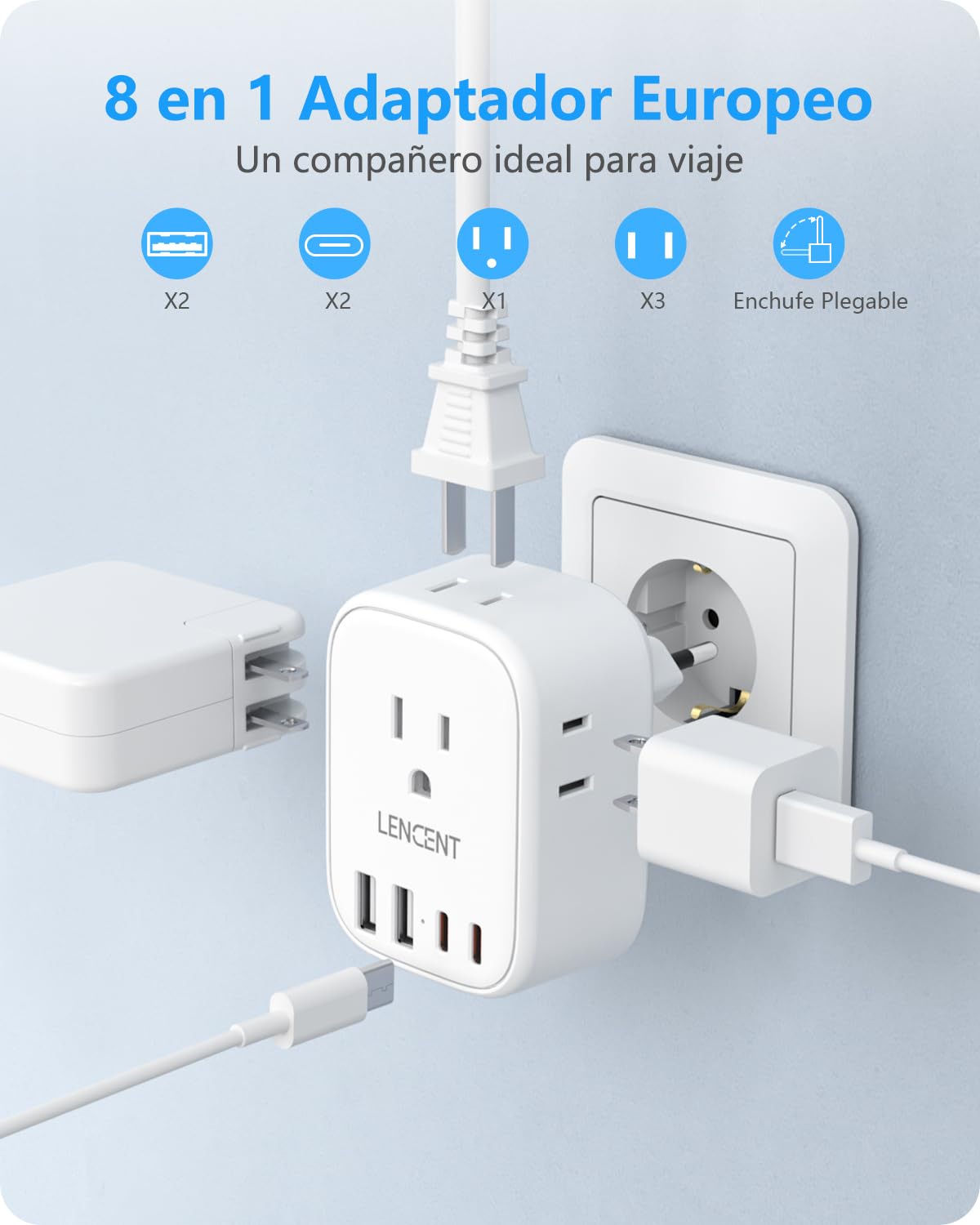 LENCENT 2X Adaptador de Enchufe de Viaje Europeo, Adaptador de Corriente para Europa, Cargador con 4 Salidas de CA&2 USB-A+2 USB-C, Adaptador para Viaje de México a Europa, Aprobado para Cruceros