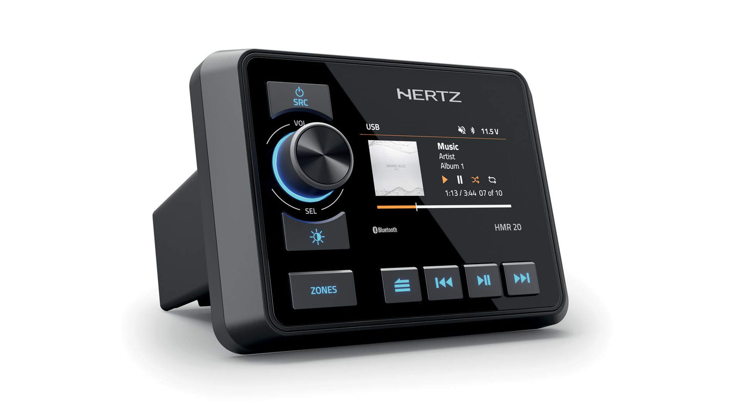 Hertz HMR-20 - Receptor de medios digital marino receptor de 2 zonas de 7.62 cm, visualización a color AM/FM/USB/Bluetooth, 50 W x 4
