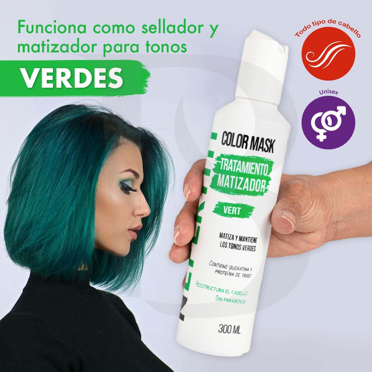 Tratamiento para el Cabello Nefertiti Vert Verde con Keratina y Proteína de Trigo Sin Parabenos