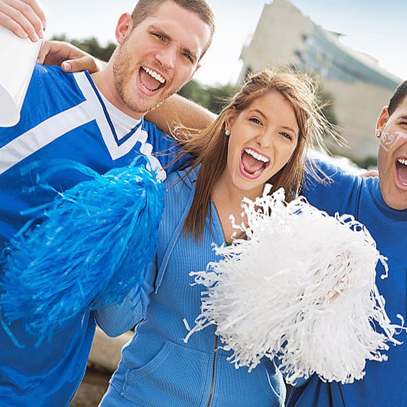 Lovecheer - 24 pompones de animadora azul y blanco con asa para deportes, danza espiritual y actuación de fiesta