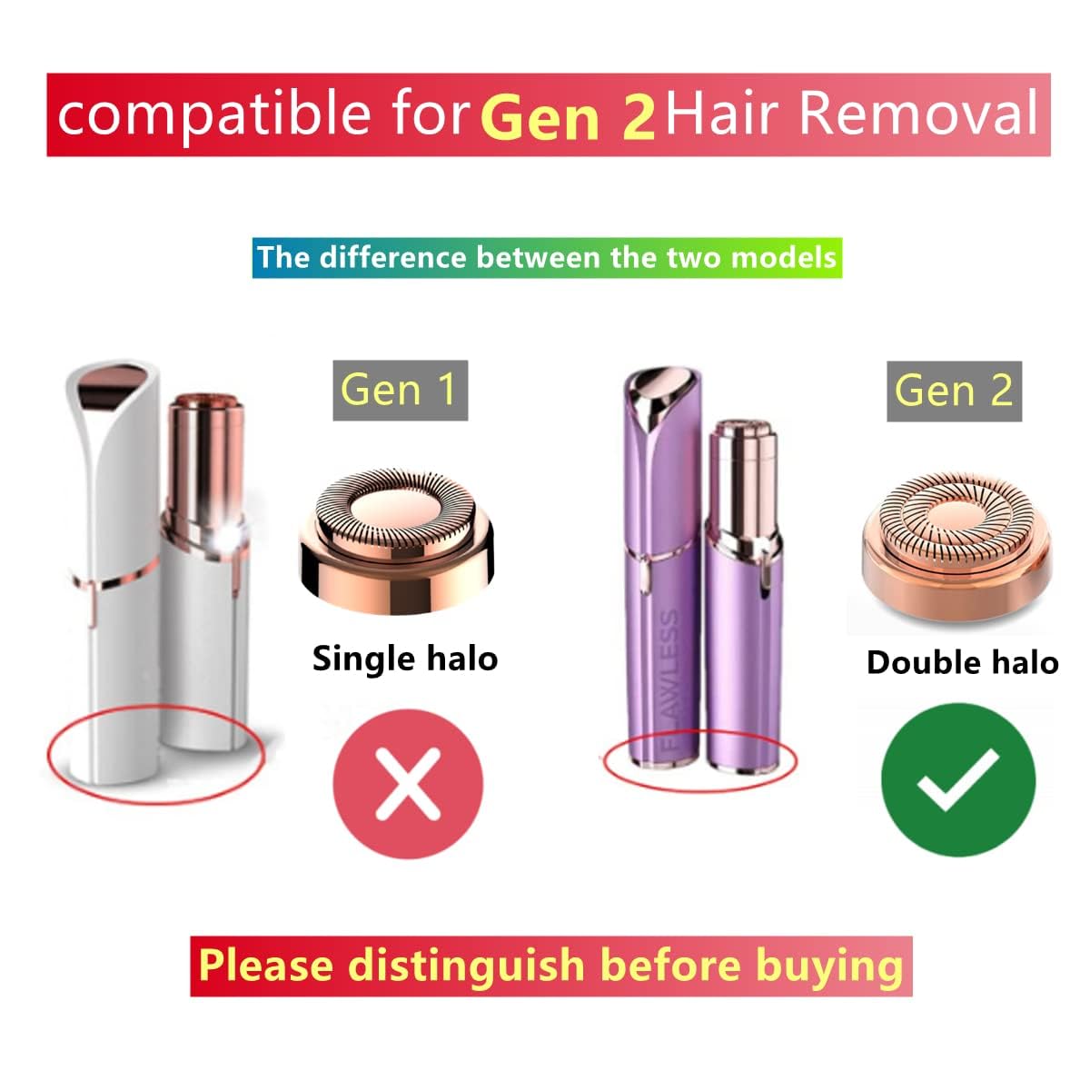 Cabezales de repuesto para acabado táctil, removedor de vello facial sin defectos Gen 2, doble halo indoloro y suave (dorado)