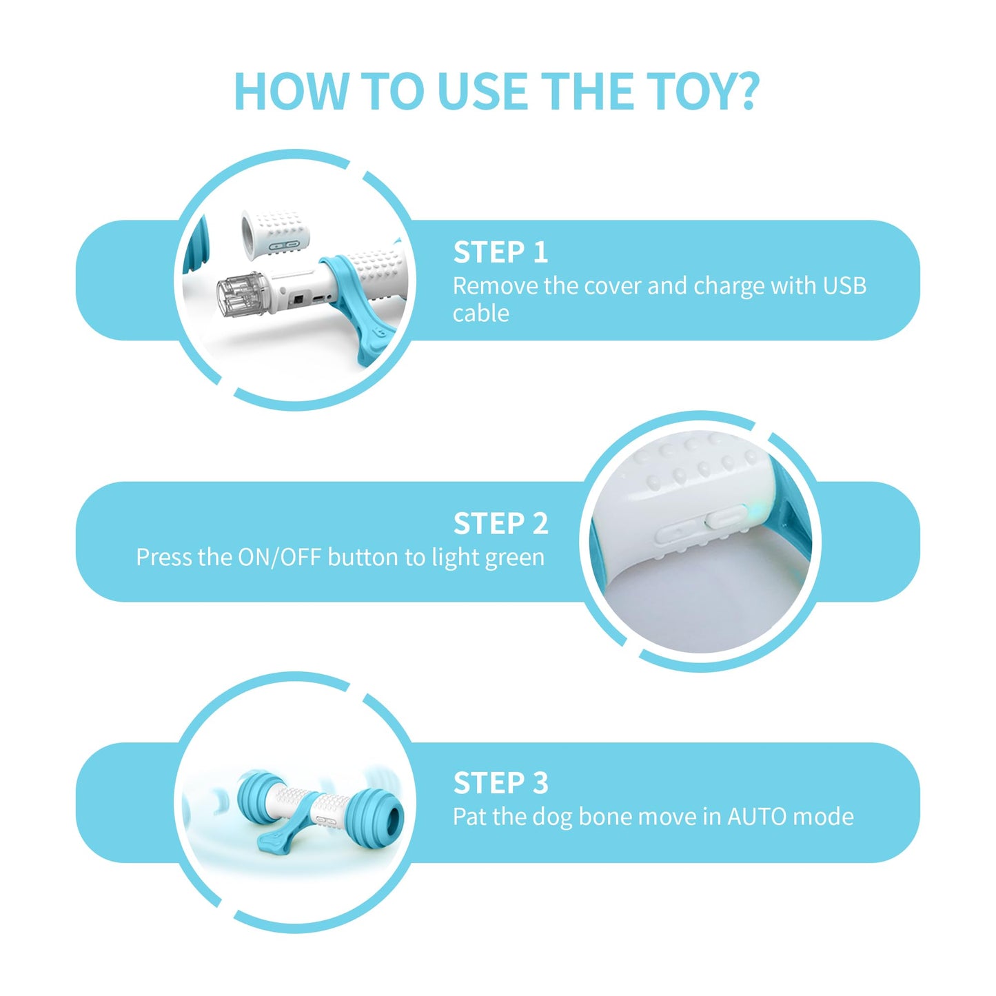 PETGEEK Juguetes interactivos para perros, juguetes automáticos para mantenerlos ocupados, huesos electrónicos para perros con material seguro y duradero, equipados con USB recargable (azul)