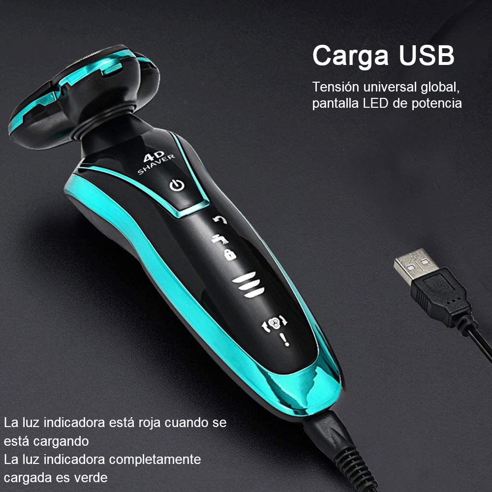 Afeitadora Eléctrica,Rasuradora Recargable Eléctrica para Hombre Rotativa,Afeitadora Recargable Multifuncional Rotativa con Cuchillo de Barba Tres en Uno Recortadora de Melena (Azul)