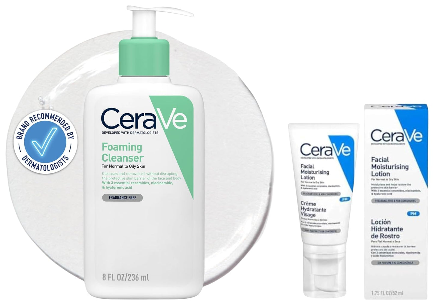 CeraVe Loción Hidratante de Rostro |52ml| Hidratante facial de noche con textura ultraligera + Gel Limpiador Espumoso |237ml| Limpiador diario para piel mixta grasa o con acné
