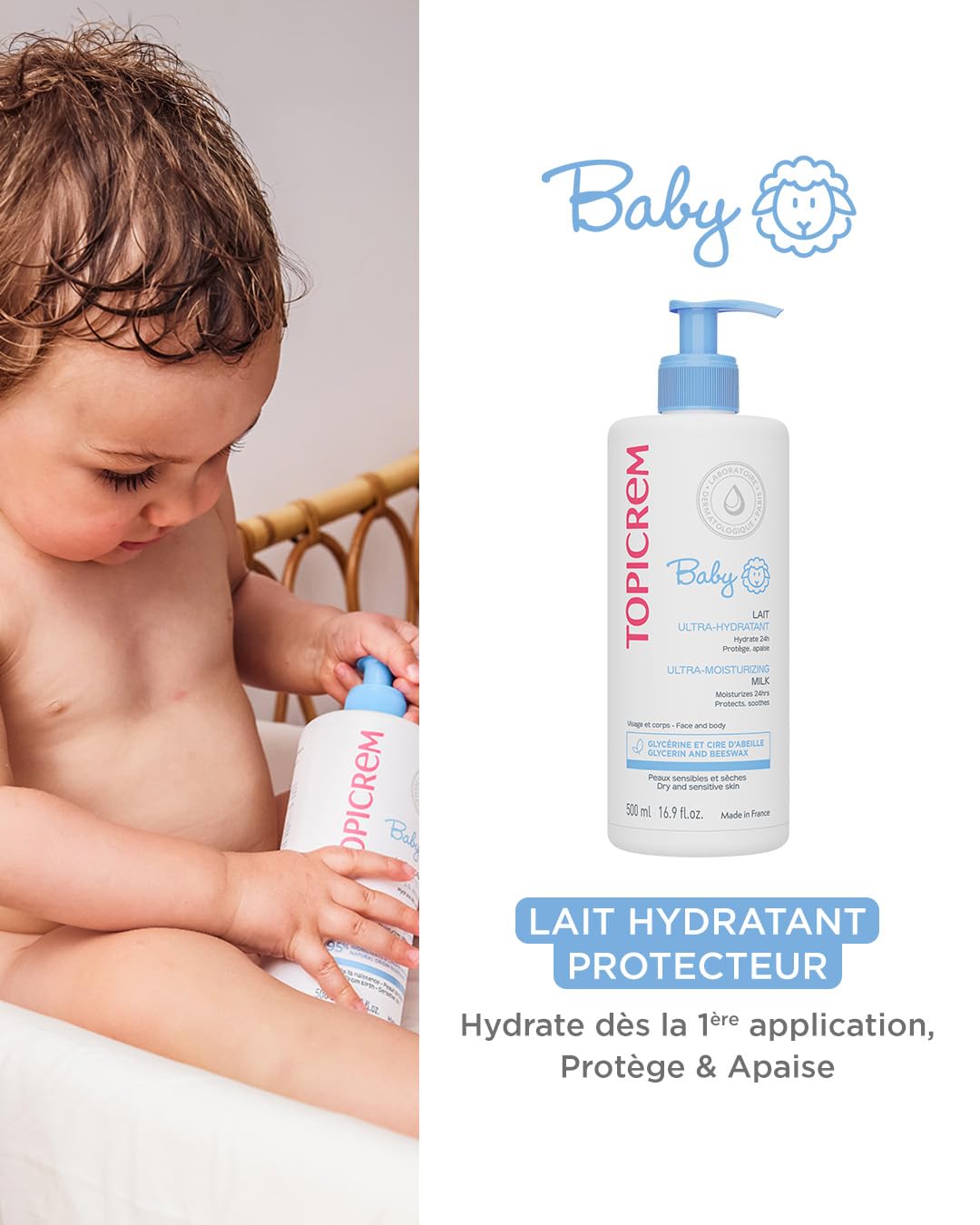 Topicrem - Baby, leche hidratante protectora para bebés, cara y cuerpo, hidratación de 48 horas, nutre, protege la piel, textura untuosa, fragancia delicada, piel sensible, fabricación francesa, 500ml