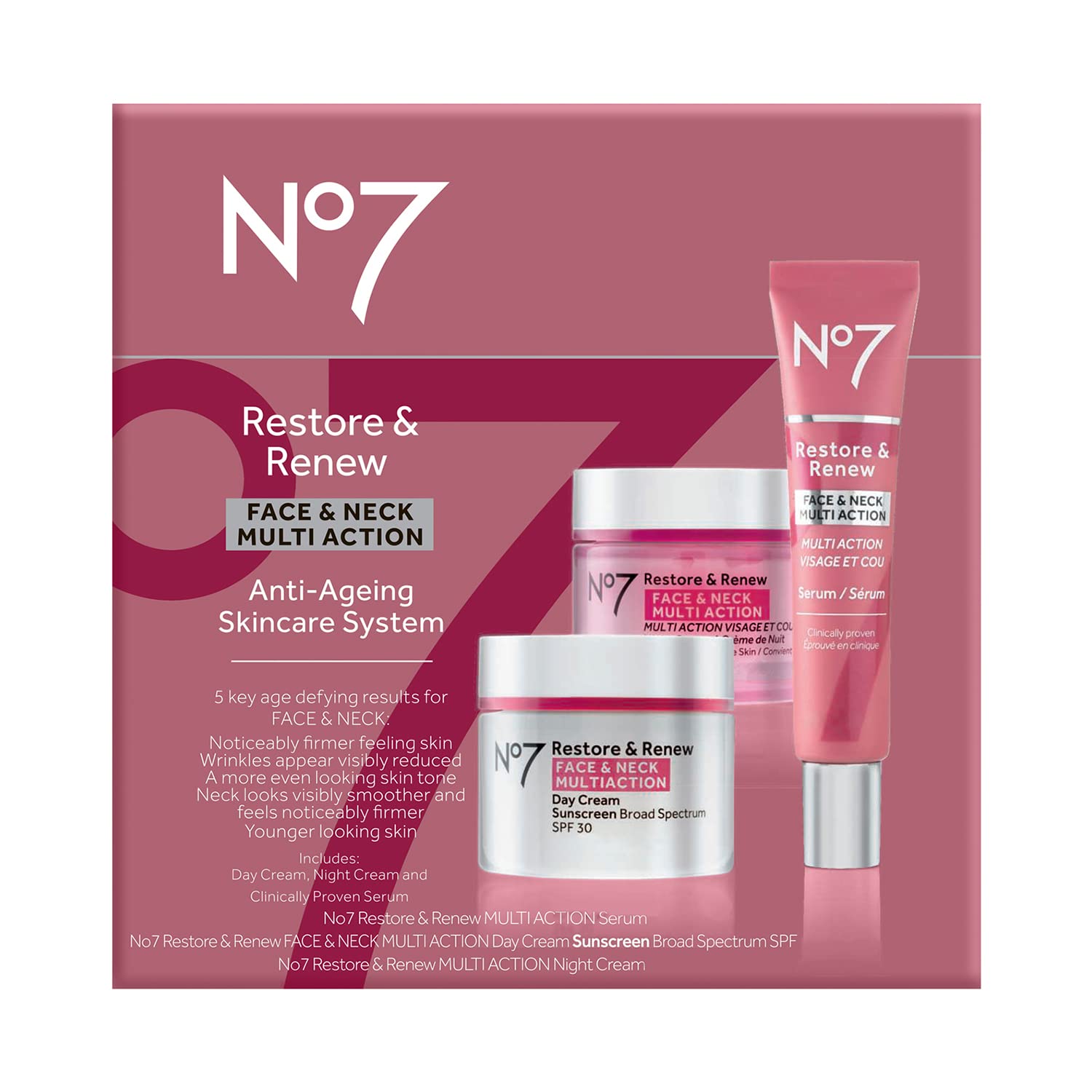 Sistema de Cuidado de la Piel No7 Restore & Renew Face & Neck Multi Action, pack de 1