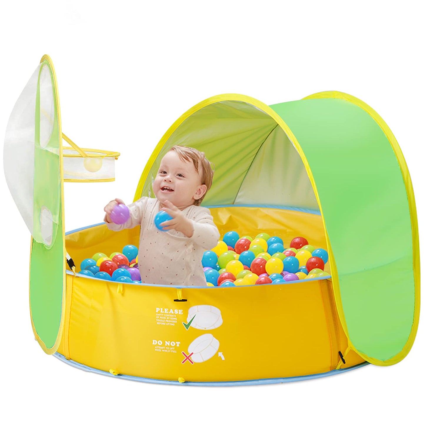 FBSPORT Tienda de campaña de playa para bebé, refugio solar portátil, tienda de campaña para niños, piscina infantil, protección UPF 50+ con aro de baloncesto